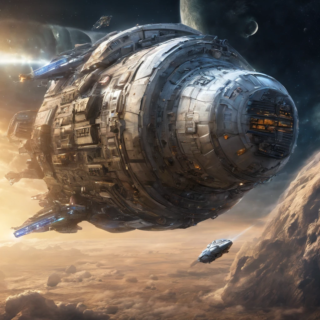 Condenes freighter spacecraft, 50 metros de comprometo, Futuristic Flat Armor Background Warship in Futuristic Shape Flying Space