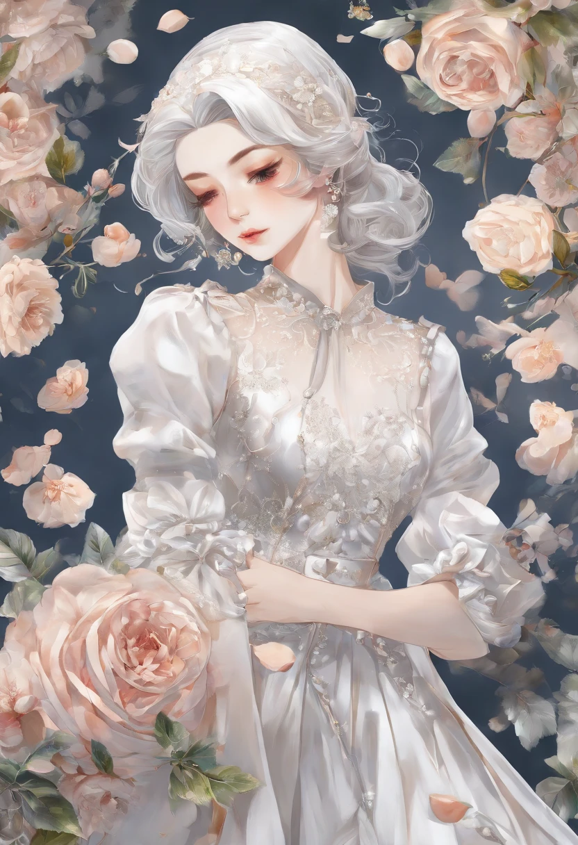 (masutepiece: 1.4), (of the highest quality: 1.4), (Cute illustration: 1.5), (watercolor paiting: 1.1), superfine illustration, ((of the highest quality)) ,(Very detailed), ((Cute)) , ( lovely), Silver hair, White Dress, Reading a book, anime eyes, ((Beautiful eyes)),, Lens Flare, Crystal Furniture, optic、florals