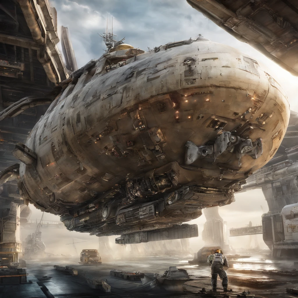Condenes freighter spacecraft, 50 metros de comprometo, Futuristic Flat Armor Background Warship in Futuristic Shape Flying Space
