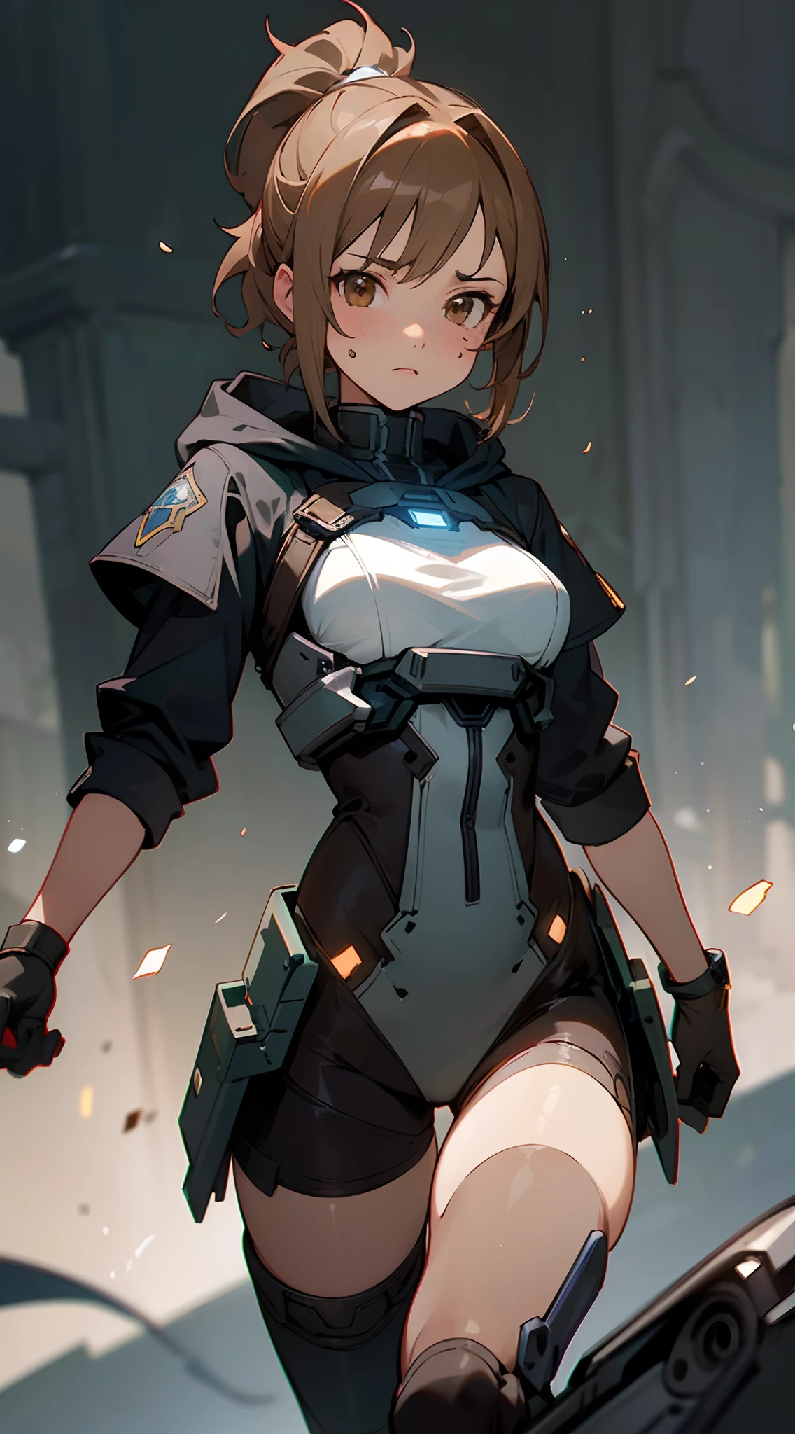 (masterpiece, best quality:1.3),beautiful detailed glow,best illuminate,(((best quality,textile shading,ultra detailed))),extremely detailed CG unity 8k wallpaper,Highly Detailed beautiful and aesthetic,best light,high resolution,detailed,dynamic lighting , mix of sword art online and futuristic style clothes , on a battlefield, sparks , intense scene , Beautiful woman , short hair , brown hair , hair in a ponytail , brown eyes , scar on cheek , wearing a hood, age 25