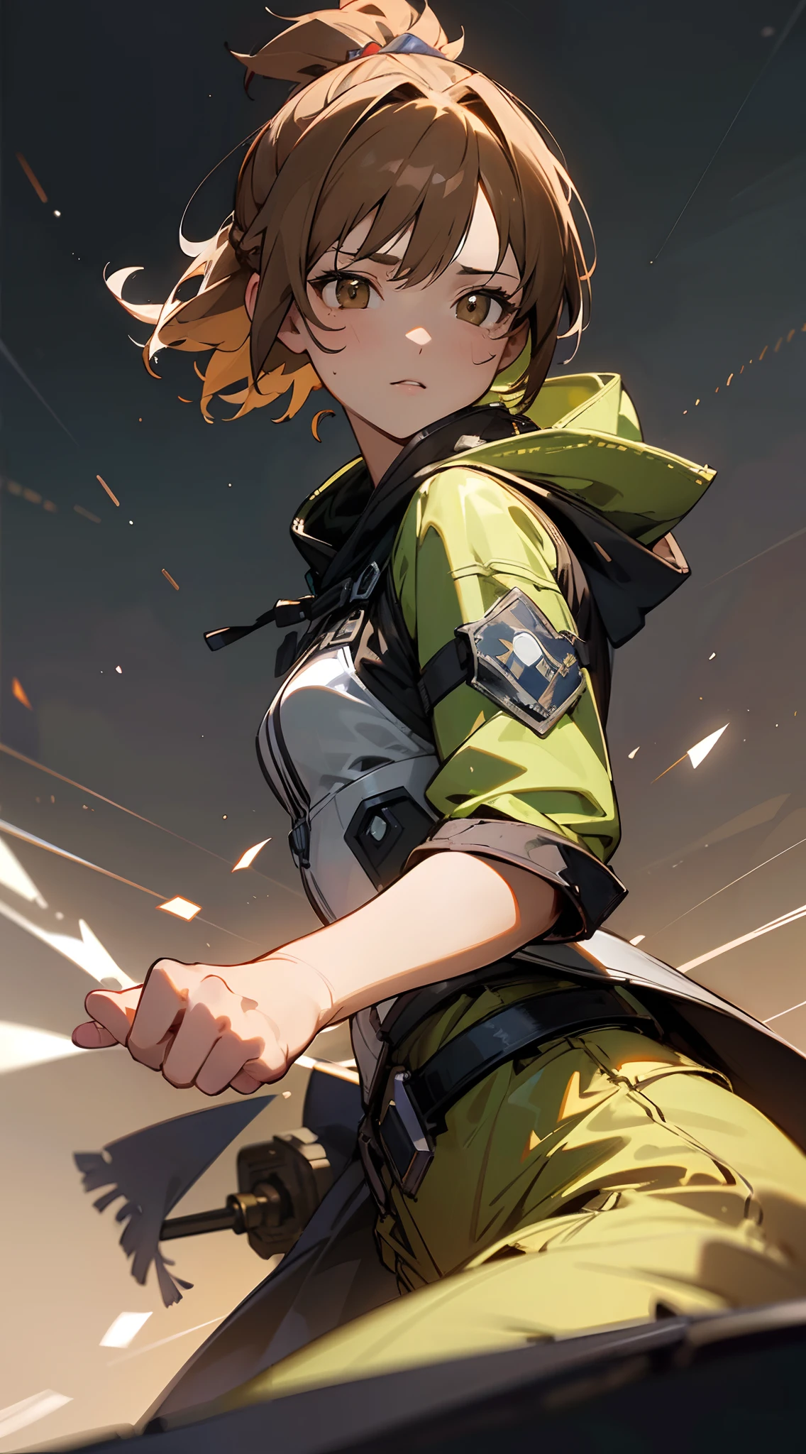 (masterpiece, best quality:1.3),beautiful detailed glow,best illuminate,(((best quality,textile shading,ultra detailed))),extremely detailed CG unity 8k wallpaper,Highly Detailed beautiful and aesthetic,best light,high resolution,detailed,dynamic lighting , mix of sword art online and futuristic style clothes , on a battlefield, sparks , intense scene , Beautiful woman , short hair , brown hair , hair in a ponytail , brown eyes , scar on cheek , wearing a hood, age 25