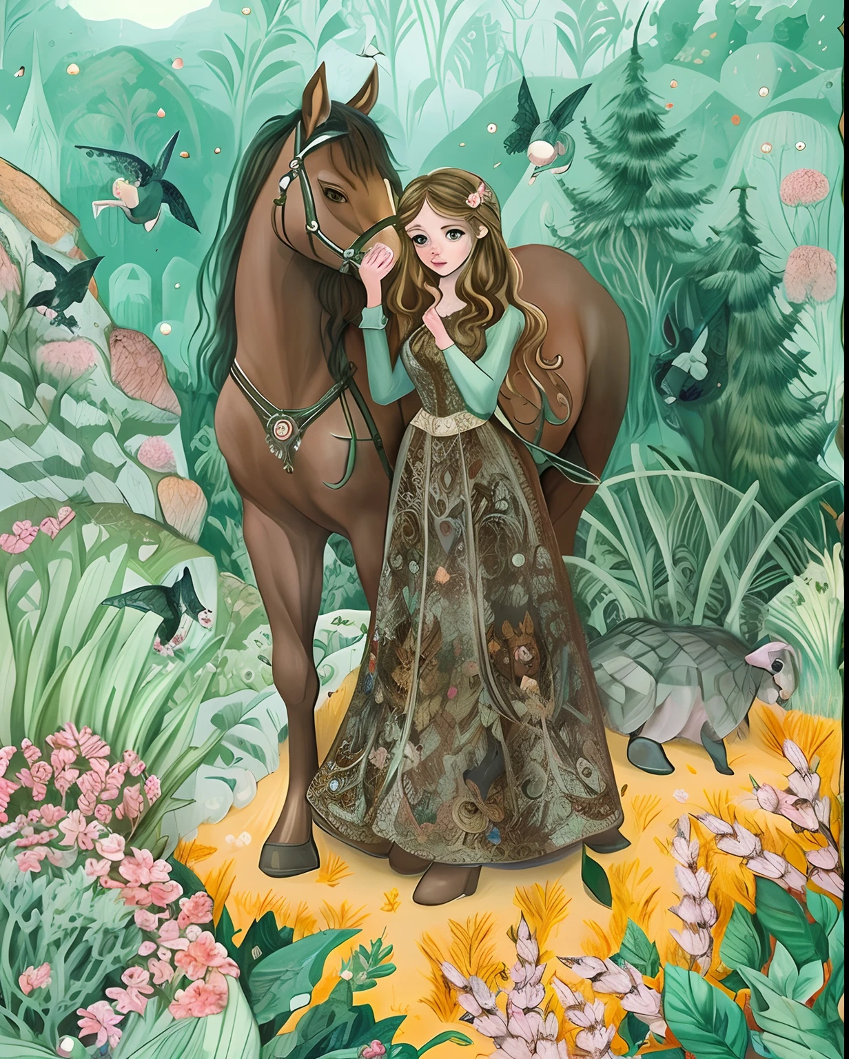 pintura de uma mulher em um vestido longo ao lado de um cavalo, fairytale illustration, fairy-tale illustration style, fairy tale illustrations, fairy tale illustration, cute storybook illustration, storybook illustration, storybook illustation, by Grytė Pintukaitė, Directed by: Neysa McMein, pintura de conto de fadas, dreamy illustration, ilustrado em estilo caprichoso