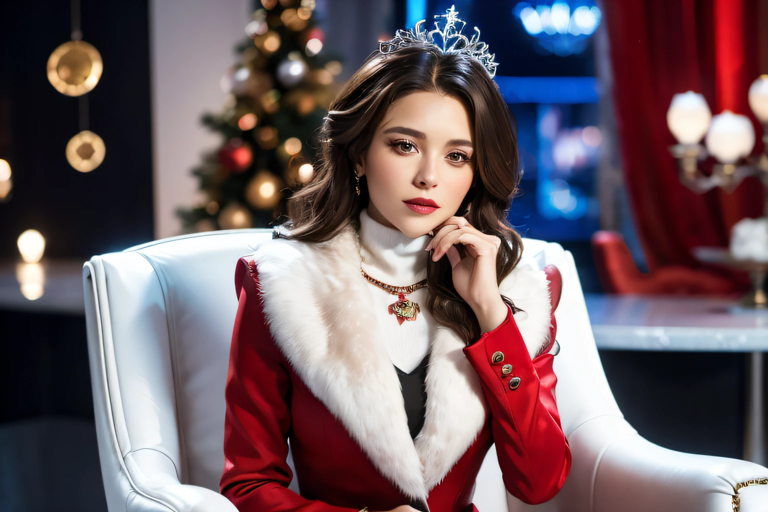 araffe woman in a red coat and a tiara sitting in a chair, by Julia Pishtar, alina ivanchenko, promo image, anna nikonova aka newmilky, queen of winter, beautiful stella maeve magician, gorgeous stella maeve magician, by Emma Andijewska, posing as a queen, anna nikonova, ekaterina