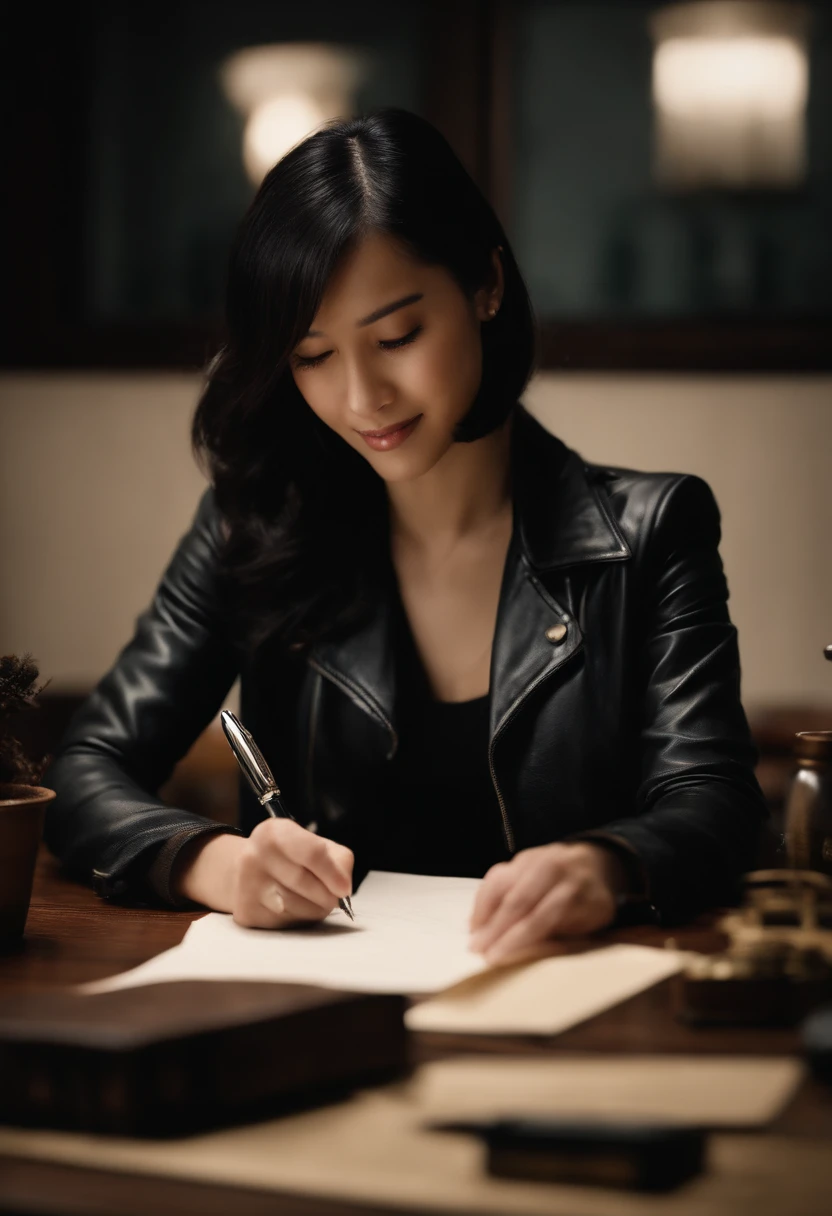 Wearing black leather gloves in both hands, upper body, black leather rider jacket, facing the desk in the study, looking down and smiling, writing a letter using a fountain pen, black hair, long straight, young Japanese woman