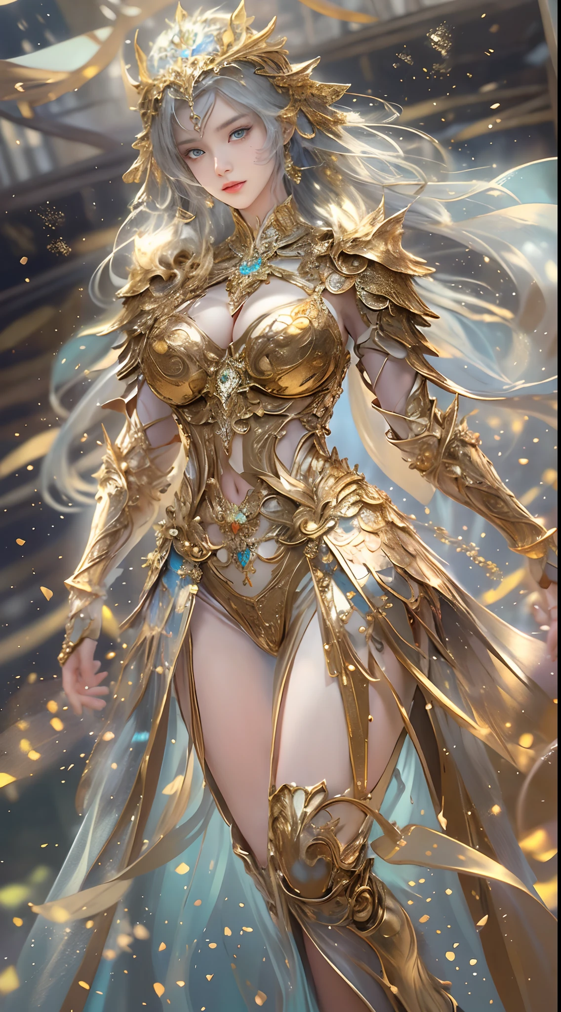 Woman in golden transparent armor,view the viewer,(((Huge breasts, Large cleavage))),Slim waist,(navel baring,Bare waist), Long hair, Ultra-detailed details,High-end Zhenyi station, Rainstorm site, detailed fantasy art, Stunning character art, Beautiful and exquisite character art, Beautiful gold and silver armor, Extremely detailed, Girl in shiny armor, Exquisite tiaras and jewelry,Crystal jewelry filigree, milky ways, Stunning visuals, (dynamic streaks, light tracks:1.2), Vibrant colors,