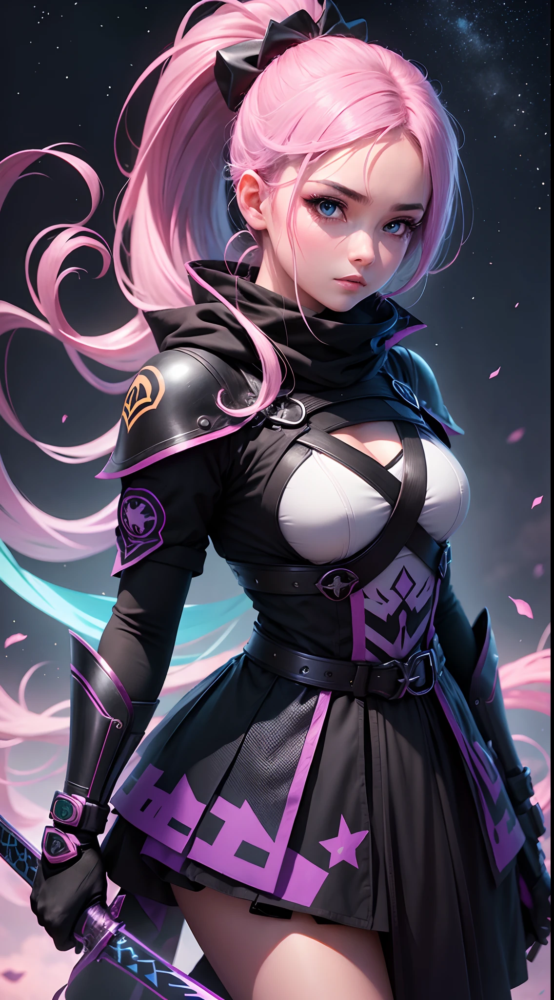 Mulher ninja com fone de ouvido sentido paz, olhos brilhantes com estrela, rosto bonito, RGB cores, cabelo rosa brilhante, Anime colorido, fundo brilhante, Banner for youtube video, feliz, clouds with RGB cores, bright RGB cores, completar, ser celestial, Gamer girl with a sword in her hand, Bancos.