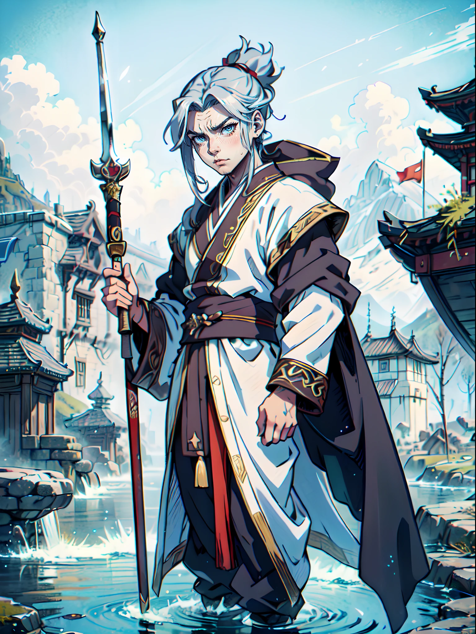 Ultra High Definition, Ultra High Quality, Extremely Detailed, Perfectly Detailed, Masterpiece, 8k, 1 Boy, Look A Like Xin From Kingdom Anime, Handsome, Equipped With Chinese Emperor Silk Clothes, Chrome White Eyes, Long Silver Hair Tied, Holding A Perfectly Detailed Excalibur, Full Body Shot, Masculine, Ancient Terrains Background