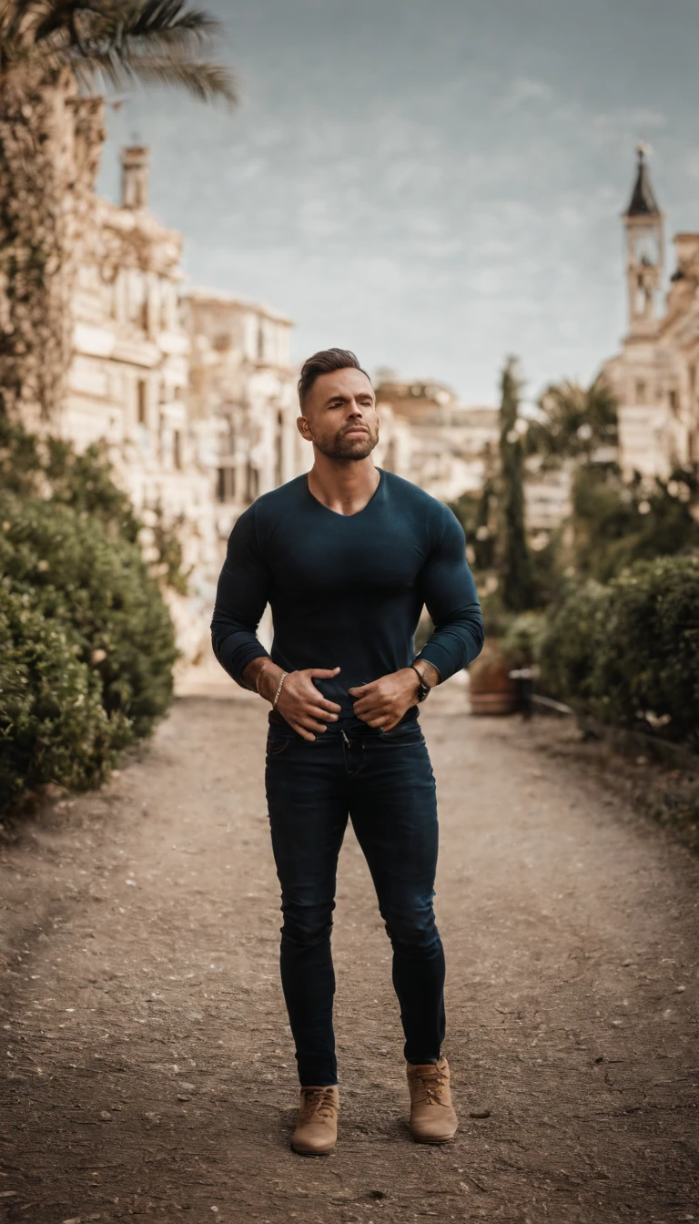 master part, foto profissional de um modo homem bonito, large testicles, , modelo fitness, Bokeh, sorrir, short hair, no centro da cidade