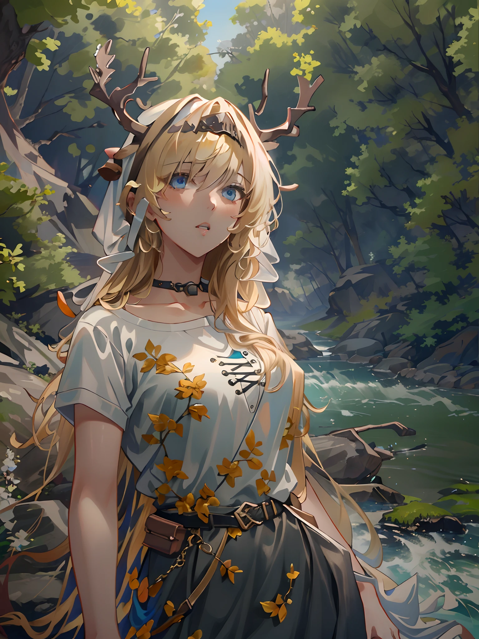 (((Masterpiece))),(incredibly_absurderes),(Best quality),(A high resolution),(Highly detailed),((CG unity 8k wallpaper)), ((Best quality)), 8K, high detal, Ultra-detailed, Detailed and intricate, 1girll, blond hairbl, shirt, River, forest, vivd colour,