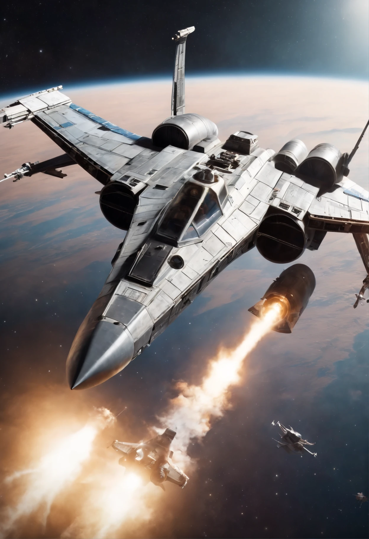 Xwing fighter crossed with star destroyer ship flying through space
