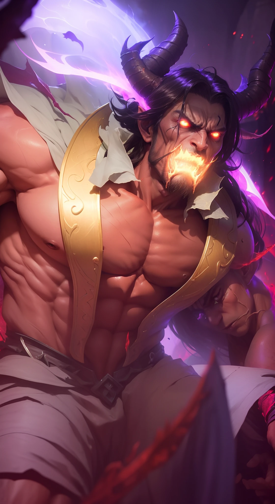 (Intricate Details, Masterpiece, Best Quality, High Resolution, 8k), (1man), (male:1.2), detailed eyes,finely detailed face, toned body, masculine appeal, commanding presence, bulging biceps and triceps, well-developed quadriceps and hamstrings, light skin,  portrait, solo, half shot, detailed background, detailed face,finely detailed background, Depth of Field, VFX, glowing eyes