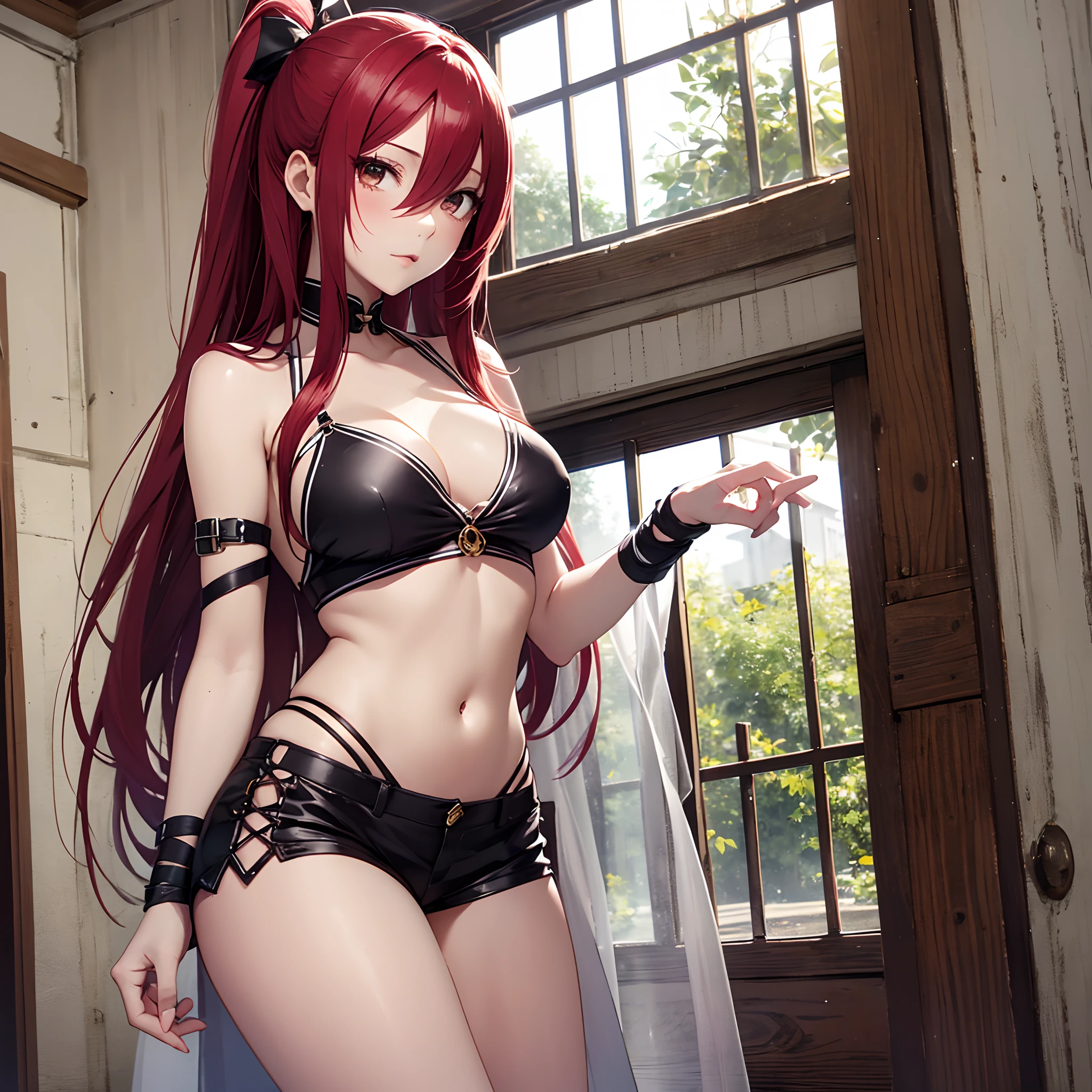 masterpiece, best quality, highres, Erza Scarlet fairy tail, 1girl, long hair, red hair, ponytail, white ribbon, hair over one eye, brown eyes, large breasts, collarbone, chest sarashi, bandage, bare arms, midriff, red hakama, red mini shorts, cowboy shot, indoors, standing,full body --auto --s2