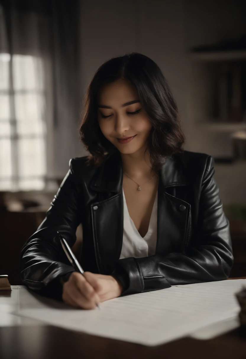 Wearing black leather gloves in both hands, upper body, black leather rider's jacket, facing the desk in the study, looking down and smiling, writing a letter using a fountain pen, black hair long straight, young Japanese woman (black leather gloves cover both hands)