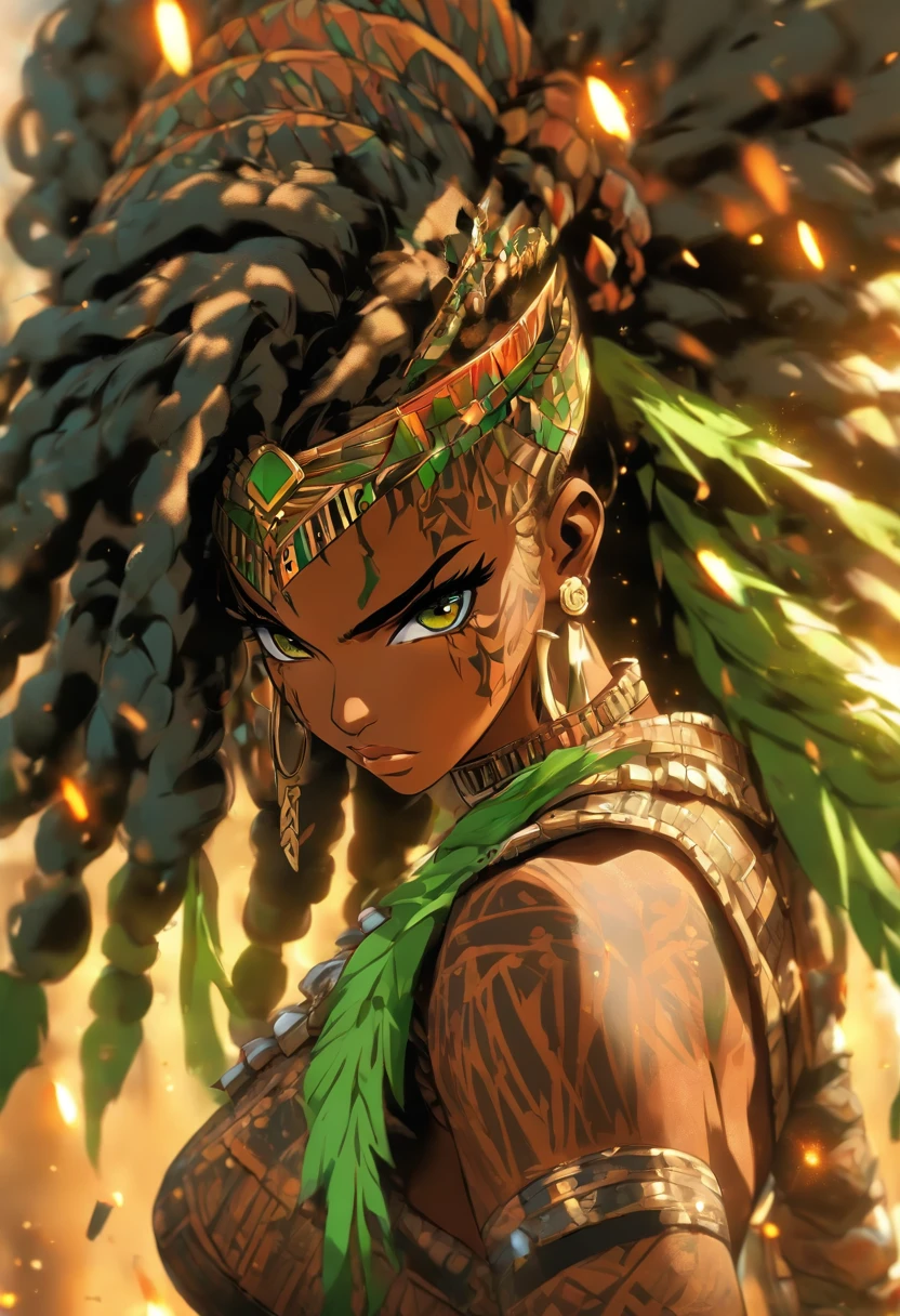 The most beautiful and sexy African warrior princess, Black hair, Long African hairstyle, Green eyes, Wear highly detailed tribal armor, Wielding a tribal spear, Lots of tattoos and piercings, Blood splattered, Golden flower pedals blowing in the wind, highly detailed back ground, Perfect masterpiece, High quality, high resolution