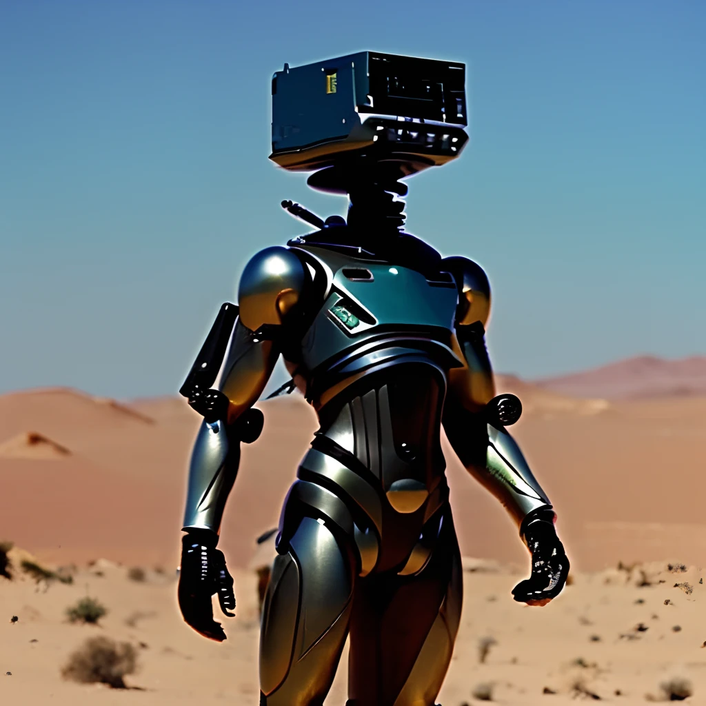 VHS footage of full figure nousr robot  in the desert, wide angle lens photo, holding a pipe