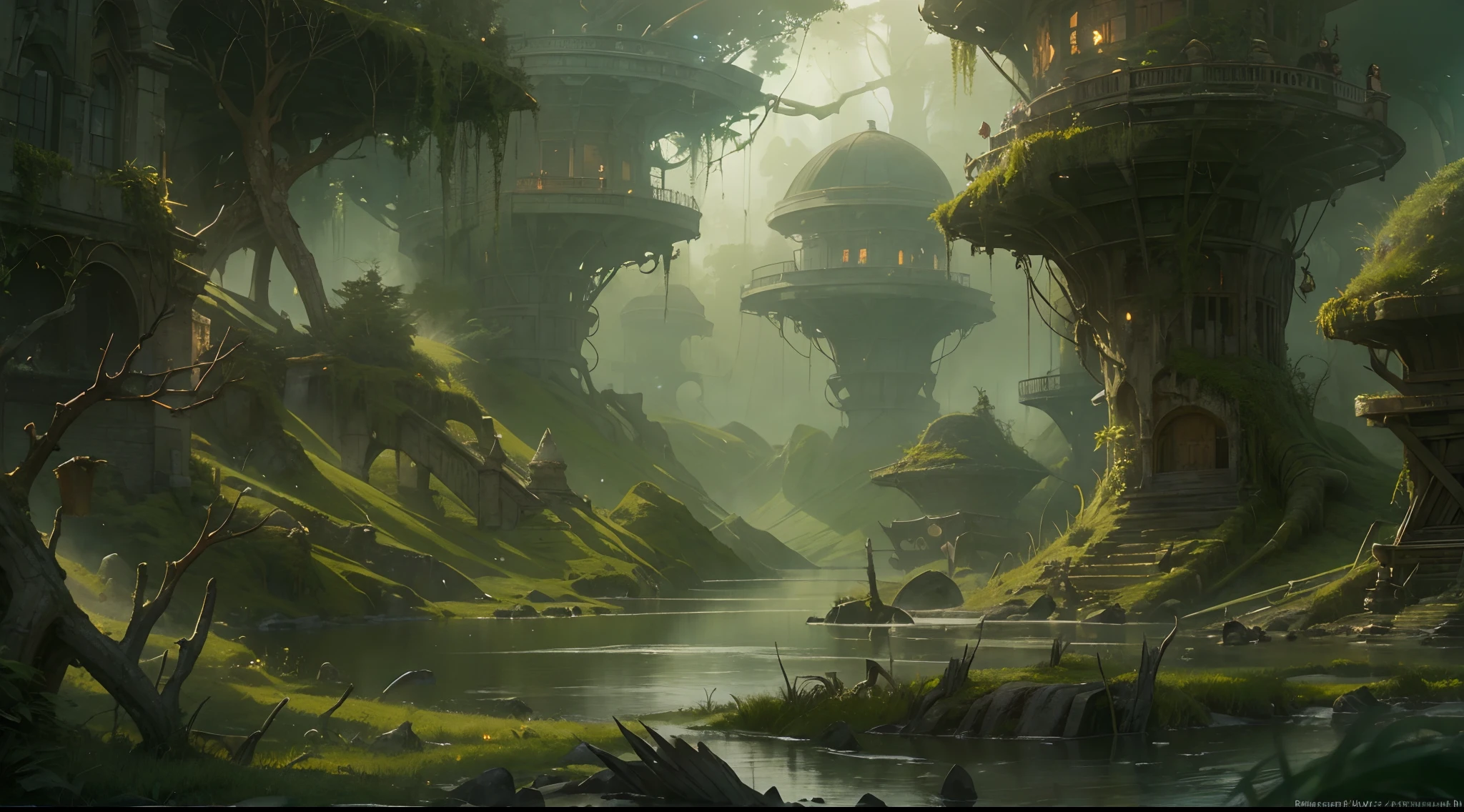 "(by Greg Rutkowski: 1.2), (masterpiece), (best quality), extremely delicate and beautiful, illustration, (fantasy landscape), depth of field, HDR, intricate, delicate, (No human presence), photorealistic depiction, live action feel, creating a visual masterpiece with the best possible quality. (Highlighting the fantasy elements of orc realms, emphasizing the swamp land with weird flora and spooky atmosphere). Providing a distant view that captures the grandeur and atmosphere."
