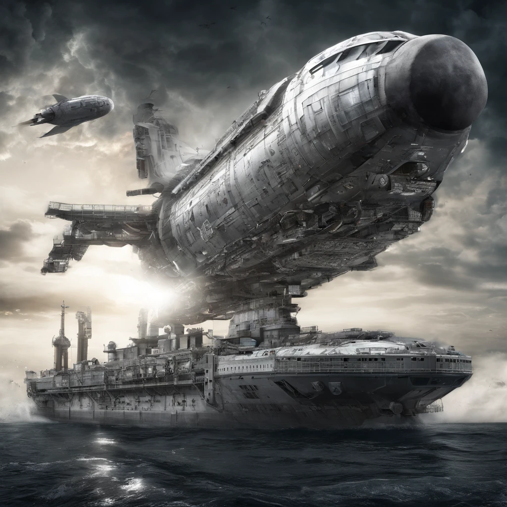 Condenes freighter spacecraft, 50 metros de comprometo, blindagem, preto e branco metal. futuristic warship background in futuristic shape flying through space