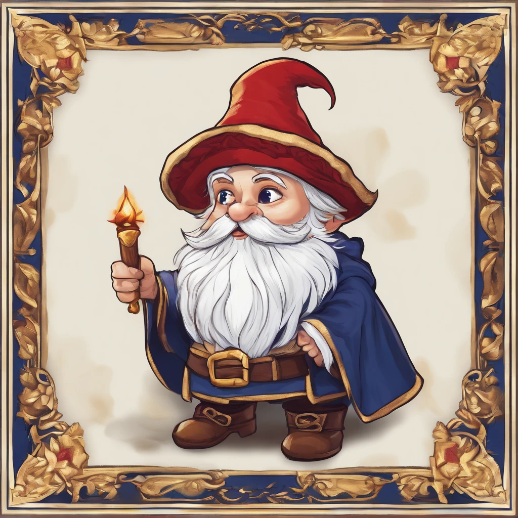 Gnome ,wearing Mage's Habit, primarily navy blue in color with gold trim white collar and red wrists, masterpiece, best quality