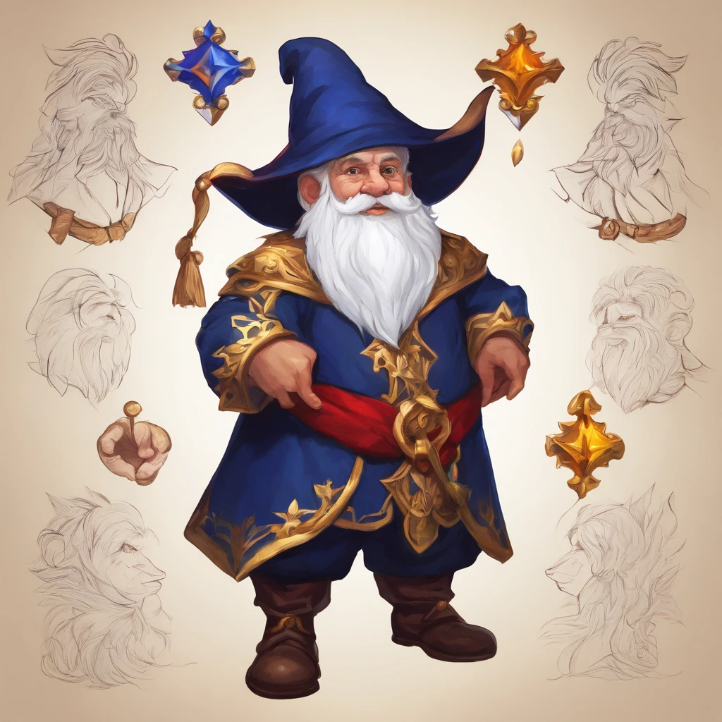 Gnome ,wearing Mage's Habit, primarily navy blue in color with gold trim white collar and red wrists, masterpiece, best quality