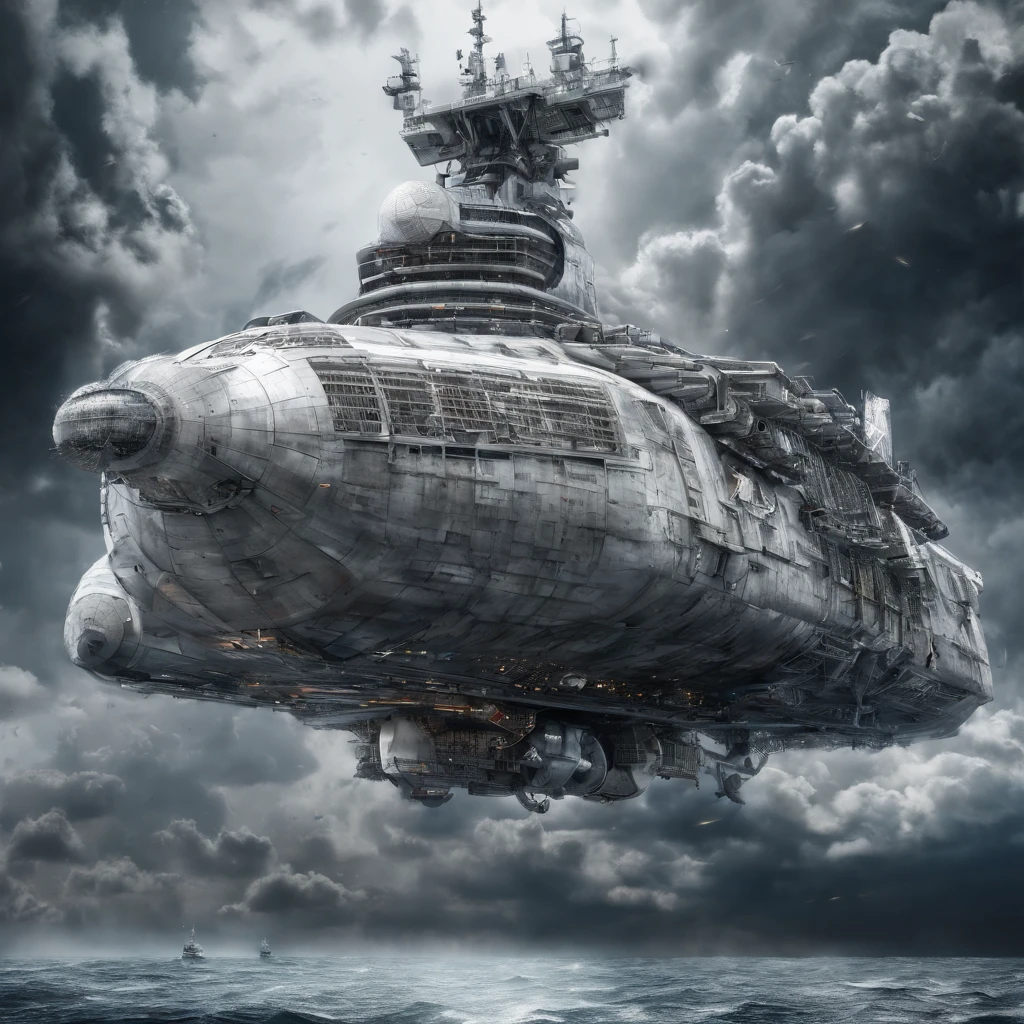 Condenes freighter spacecraft, 50 metros de comprometo, blindagem, preto e branco metal. futuristic warship background in futuristic shape flying through space