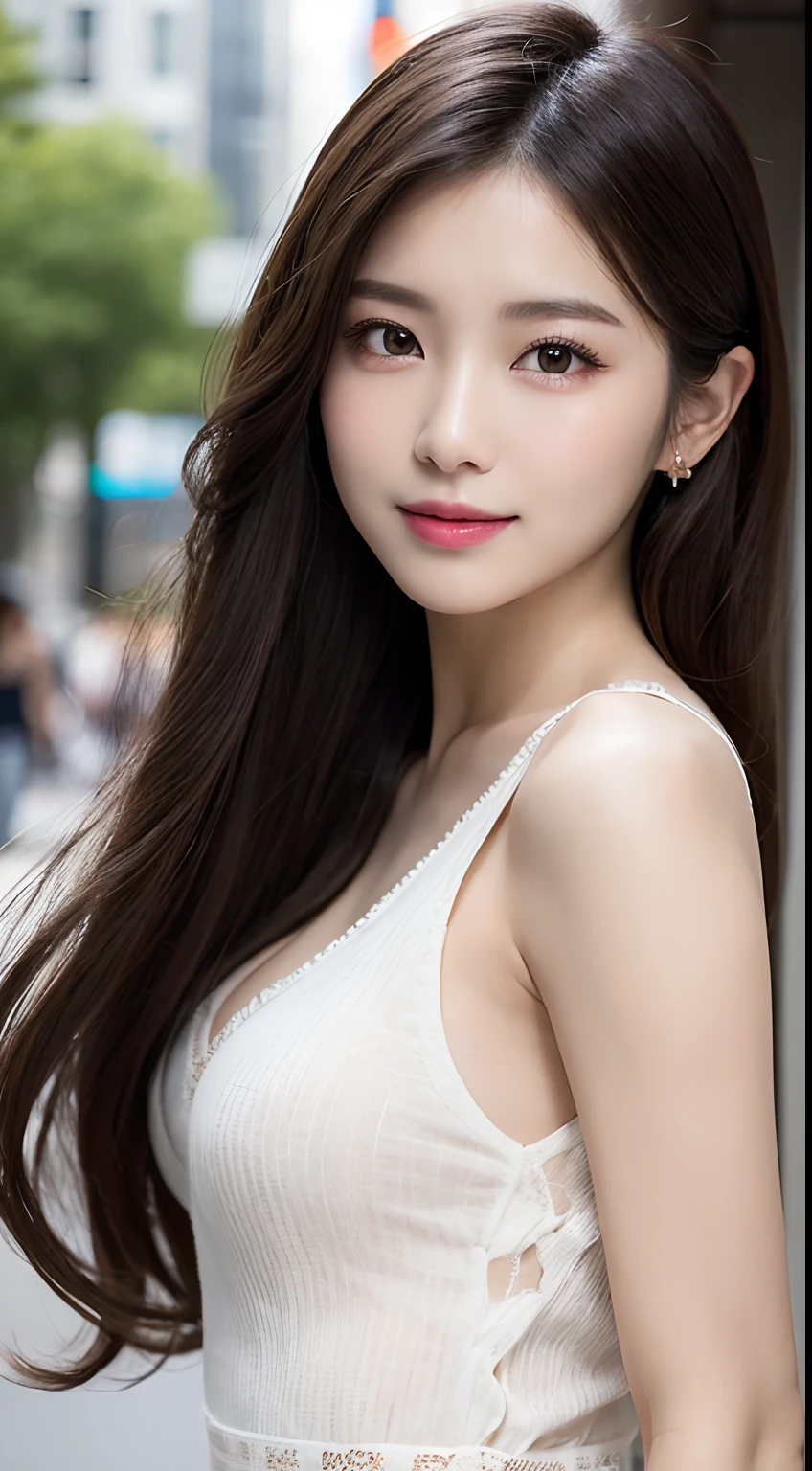 masterpiece, Best Quality, Illustration, Taiwanese actress facial features, Ultra-detailed, finely detailed, high resolution, 8K Wallpaper, Perfect dynamic composition, Beautiful detailed eyes, Women's Fashion Summer Collection, Blonde Brazilian blowout hair, Perfect ??????? but not really big, natural color lip, Bold ???? poses,Smile,Harajuku、20 years girl, Cute, ???? shot looking at camera