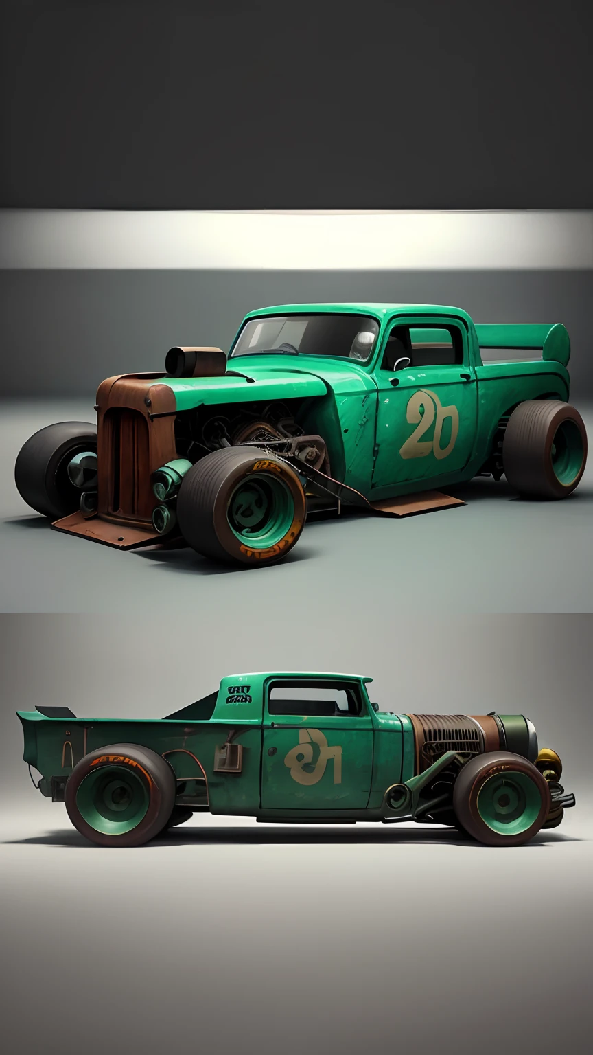 Auto concepto, ((Rat rod)), Ford A, (f1), color verde, perfil bajo