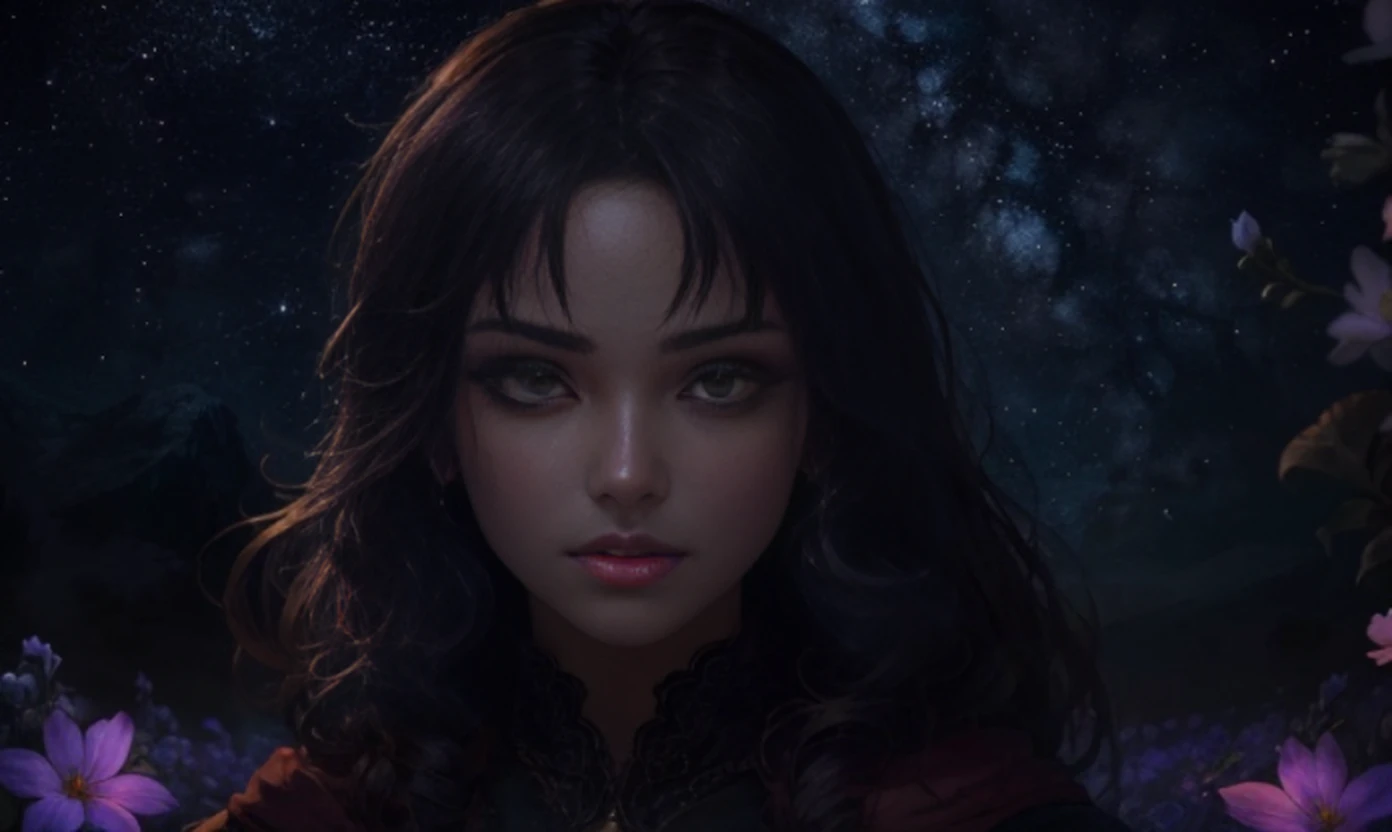 (Masterpiece, melhor qualidade, 1Menina, somente), 22 anos, cabelos pretos longos, Olhos vermelhos, vampiro, capa preta, colarinho, noite, nuvem, ..lua, with the fangs on display, melhor qualidade de imagem, maior qualidade, alto detalhe, super high res, 8k resolution, a delicate facial features, Olhos vermelhos brilhantes, Cabelo longos, detalhes do cabelo, with a fantastic detailed scenery, noite, starsky, flores voadoras --auto