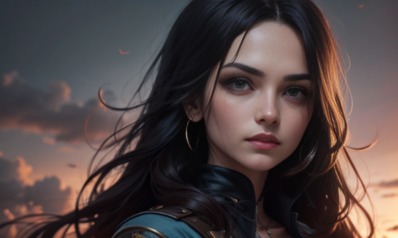 (Masterpiece, melhor qualidade, 1 Menina, somente), 22 anos, (retrato), cabelos pretos, olhos vermelhos, Vampiro, capa preta, colarinho, Noite, nuvem, lua, with the fangs on display, melhor qualidade de imagem, maior qualidade, alto detalhe, super high res, 8k resolution, a delicate facial features, olhos vermelhos brilhantes, cabelo longos, detalhes do cabelo, [[Olhe para longe, olhe para o lado, Emphasize the scenery and pay attention to every detail, vestimenta do estilo vampiro, noite, starsky, flores voadoras. Cachoeiras, montanhas, --auto
