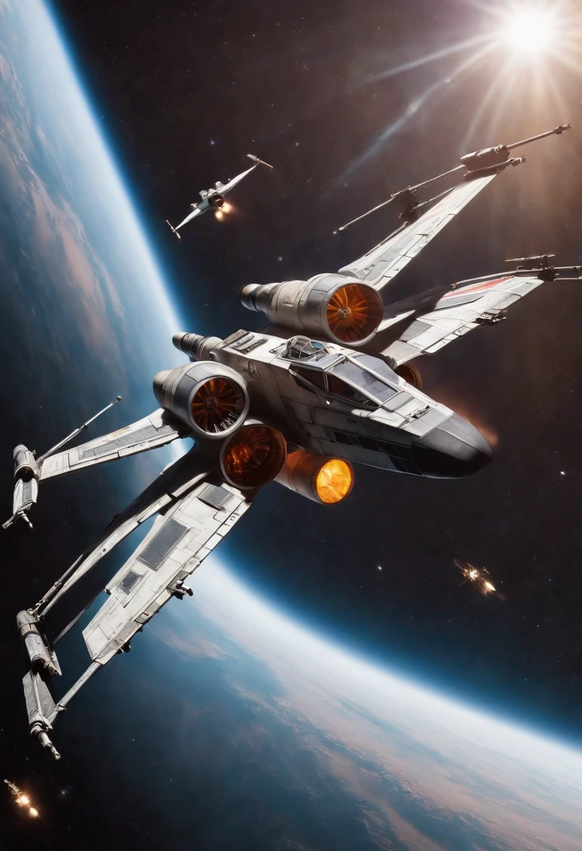 Xwing fighter crossed with a cargo ship flying through space