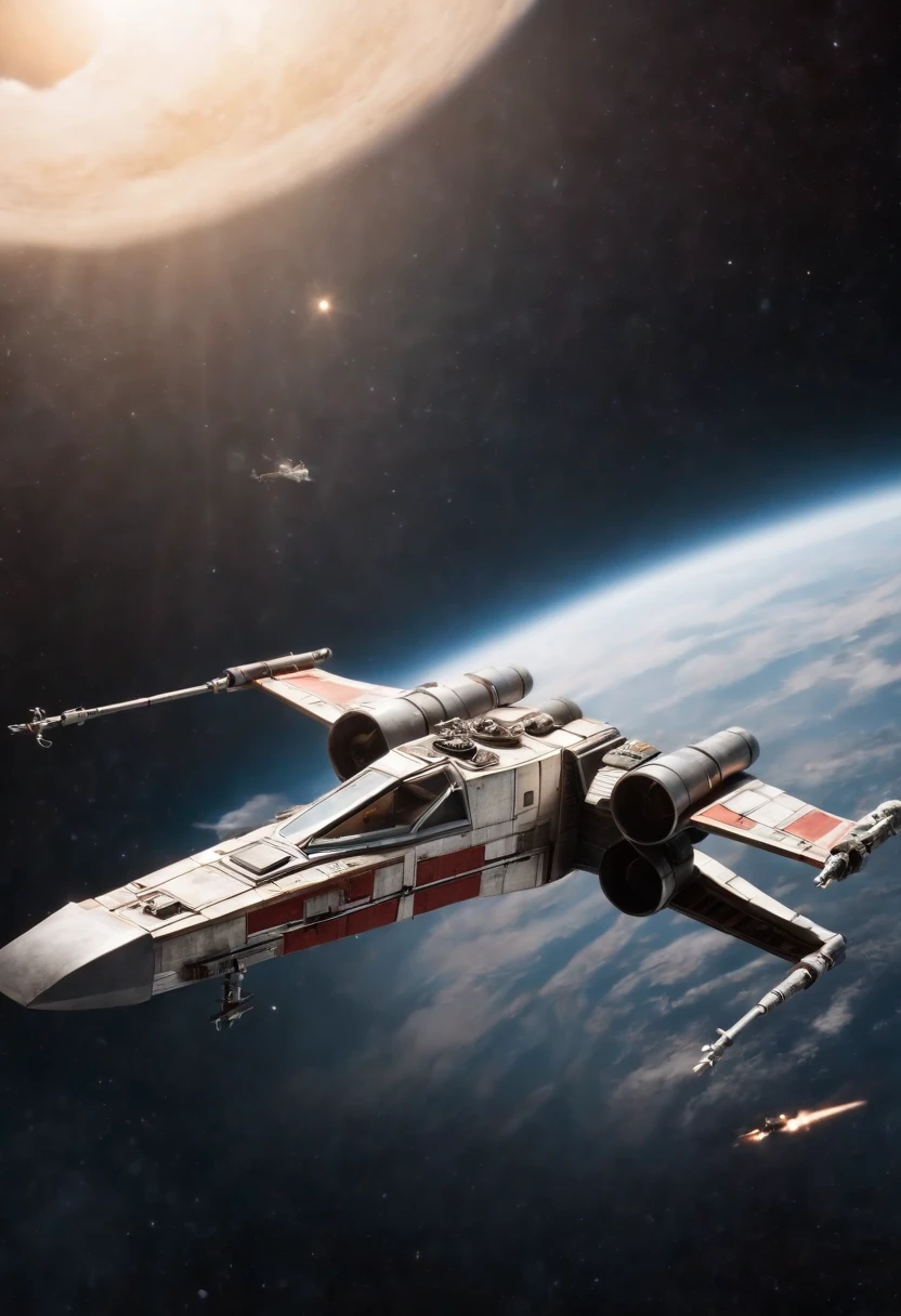 Xwing fighter crossed with a cargo ship flying through space