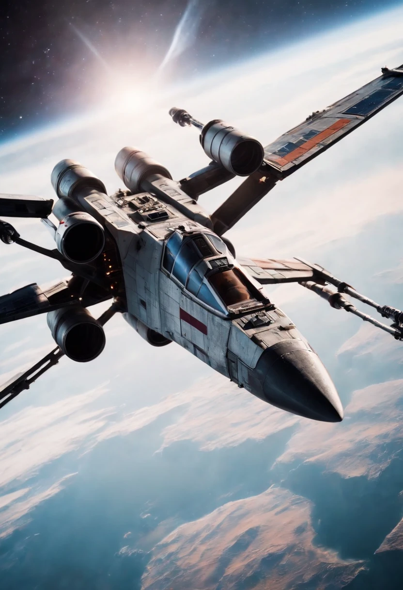 Xwing fighter crossed with a cargo ship flying through space