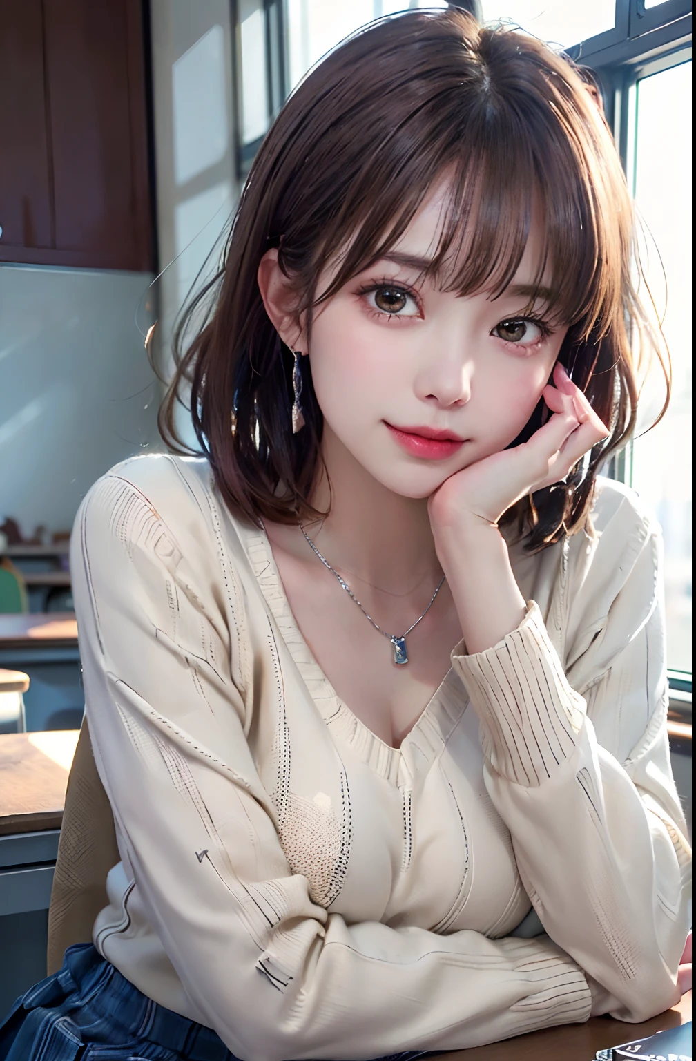 ​masterpiece、top-quality、超A high resolution、(photographrealistic:1.4)、((1girl in、White fair skin:1.4、looking at the viewers、Cowboy Shot、spotless、cute little、The long-haired、A dark-haired、Light Brown Fringe Hair、Braided hair、disheveled hair、Light brown eyes、、short hair with bangs、bursting milk in the same way))、(School Uniforms:1.5), (wearing a beige knitted sweater over a white shirt,,,,,,,,,,,,,,,,,,,,,:1.5), (Red bow:1.3), (Plaid pleated skirt:1.3),(A smile)、High detailed eyes、(((‎Classroom)))、long neck、(((short hair with bangs)))、Lashes、(((natural soft light、gazing at viewer、Entice your audience、爆乳、Highlights in the eyes)))、[(Hassleblad H6D-400c)], [(Medium format image)],[(dream-like)],[(400 mega pixels)], (Photorealsitic:1.4), (Raw photography:1.2), (8K), (​masterpiece:1.3), (realisitic), (A hyper-realistic), ultra-detailliert, illustratio, very_high_Realistic:1.5 ,very_high_resolution:1.5, nffsw, nffsw, Unity, 8K Picture Wallpaper, astonishing、finely detail, Official art, Highly detailed ticker Unity 8k wallpaper, (top-quality), incredibly absurdness, ultra-detailliert, Light on the Face, cinematric light, 电影灯光, Professonal lighting、photon maping、Radio City、physically-based renderingt、solofocus、foco nítido、 hight resolution、ighly detailed、extremely delicate and beautiful、intricate detailes、face muscles、a beautiful detailed girl、Natural makeup、extra detailed face、looking at away、(爆乳:1.55)、(Emphasis on the chest:1.3),(Put your face on the desk:1.5、Beautiful woman lying on desk:1.5)、(Simple necklace in silver color:1.5)