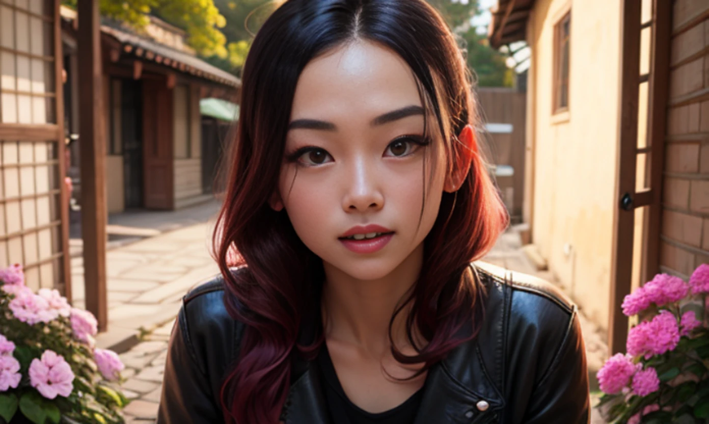 Garota bonita, 22 anos, coreana realista, vampira, with the fangs on display, melhor qualidade de imagem, maior qualidade, alto detalhe, super high res, 8k resolution, a delicate facial features, menina, tatuagens, olhos brilhantes, cabelo longos, detalhes do cabelo, [[Olhe para longe, olhe para o lado, Emphasize the scenery and pay attention to every detail, vestimenta do estilo vempiro, noite, starsky, flores voadoras. Cachoeiras, montanhas, Dragons circling, Chinese courtyard bottom with cherry tree --auto