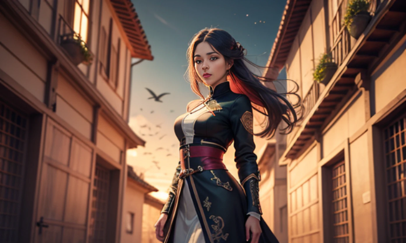 Garota bonita, 22 anos, Realistic Asian, trabalho mestre, melhor qualidade de imagem, maior qualidade, alto detalhe, super high res, 8k resolution, a delicate facial features, , tatuagens, olhos brilhantes, cabelo longos, detalhes do cabelo, [[Olhe para longe, olhe para o lado, Emphasize the scenery and pay attention to every detail, vestimenta estilo magico, noite, starsky, flores voadoras. Cachoeiras, montanhas, Dragons circling, Chinese courtyard background --auto