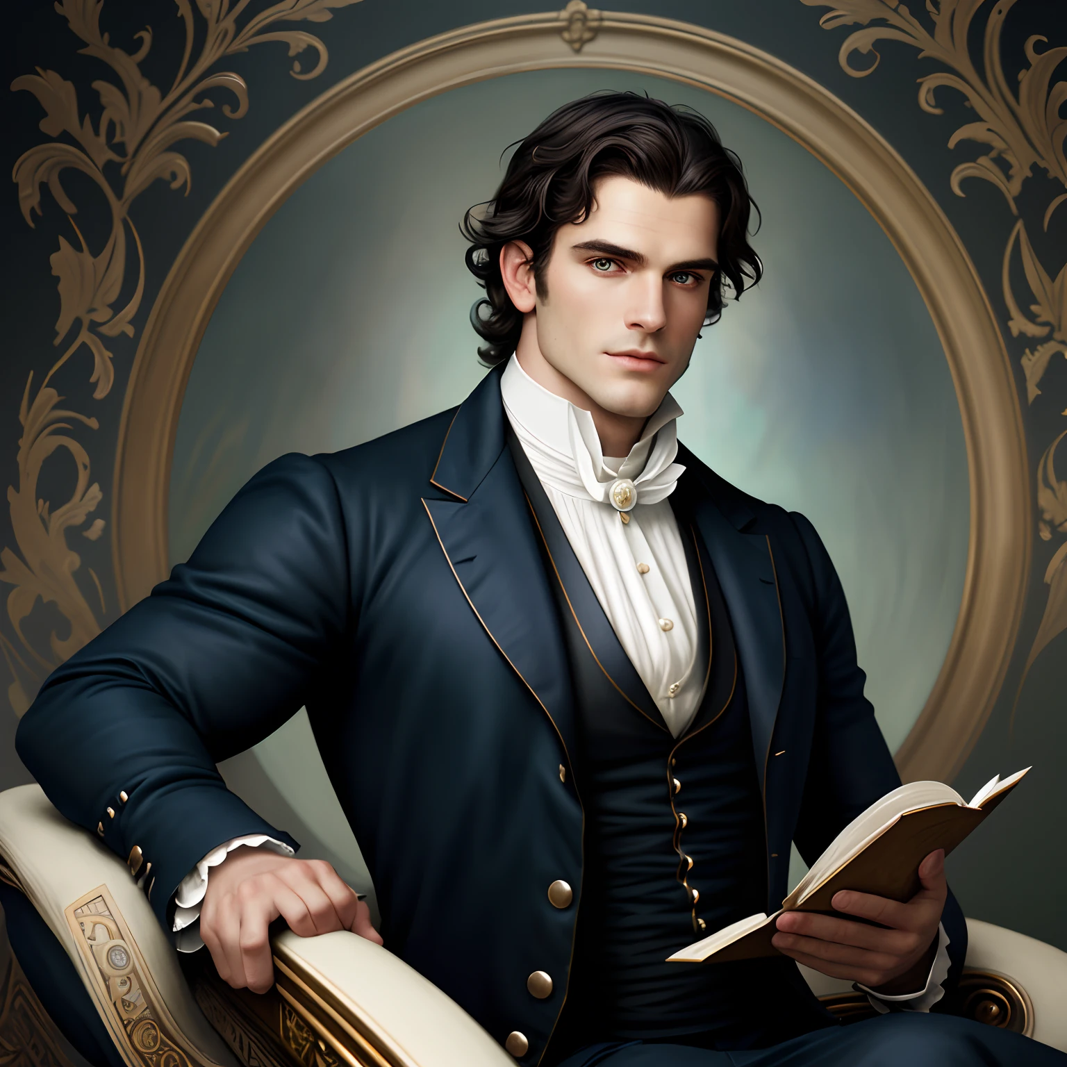 masterpiece stunning beautiful masculine  man, wearing regency suit, no hat, ((victorian manor background)), black very short and tidy combed hair, perfect, big and detailed blue eyes, resemblance to henri cavill with maxi iglesias, harmonic and detailed face, full body, cover, hyperdetailed painting, luminism, Bar lighting, complex, 4k resolution concept art portrait by Greg Rutkowski, Artgerm, WLOP, Alphonse Mucha: a stunning realistic photograph 30 years