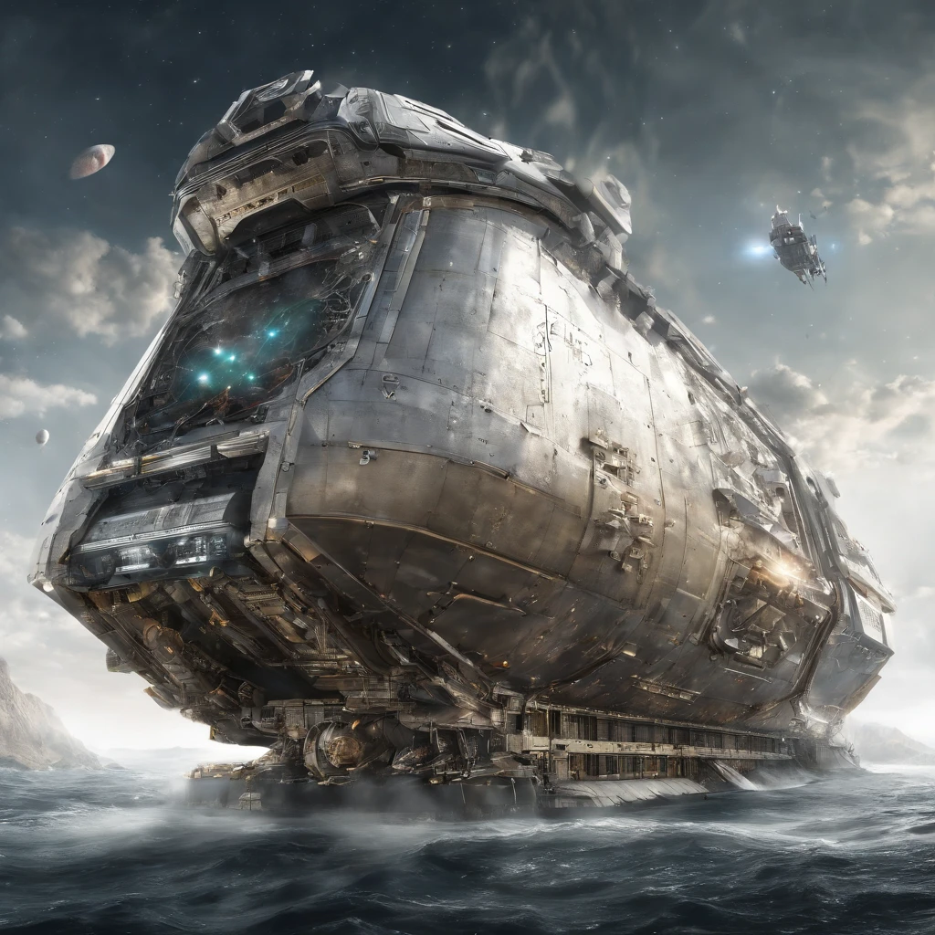 Condenes freighter spacecraft, 50 metros de comprometo, blindagem, ouro, branco, metal. futuristic warship background in futuristic shape flying through space