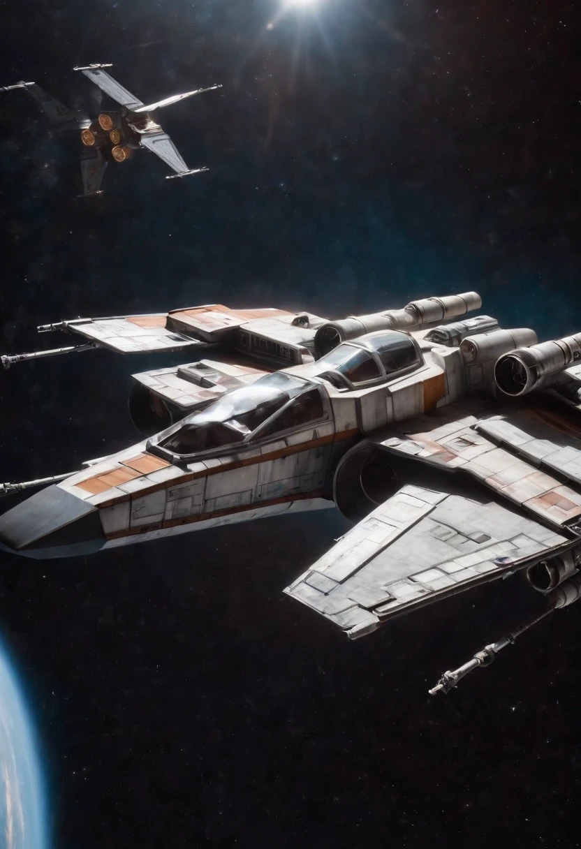 Xwing fighter as a big crewed cargo ship flying through space