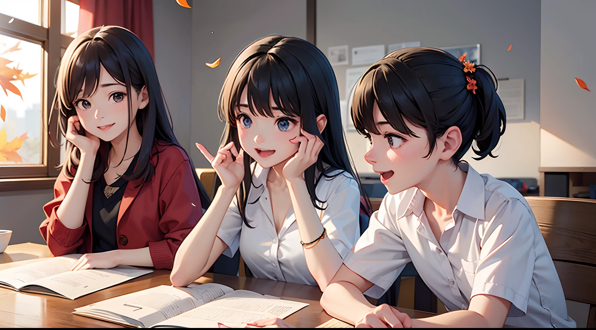 photoRealstic、A scene from a coming-of- movie、Sit at your desk and enjoy studying with friends、Opens mouth and laughs、up of face、flower petals、season!!: 夏天☀ 🍂