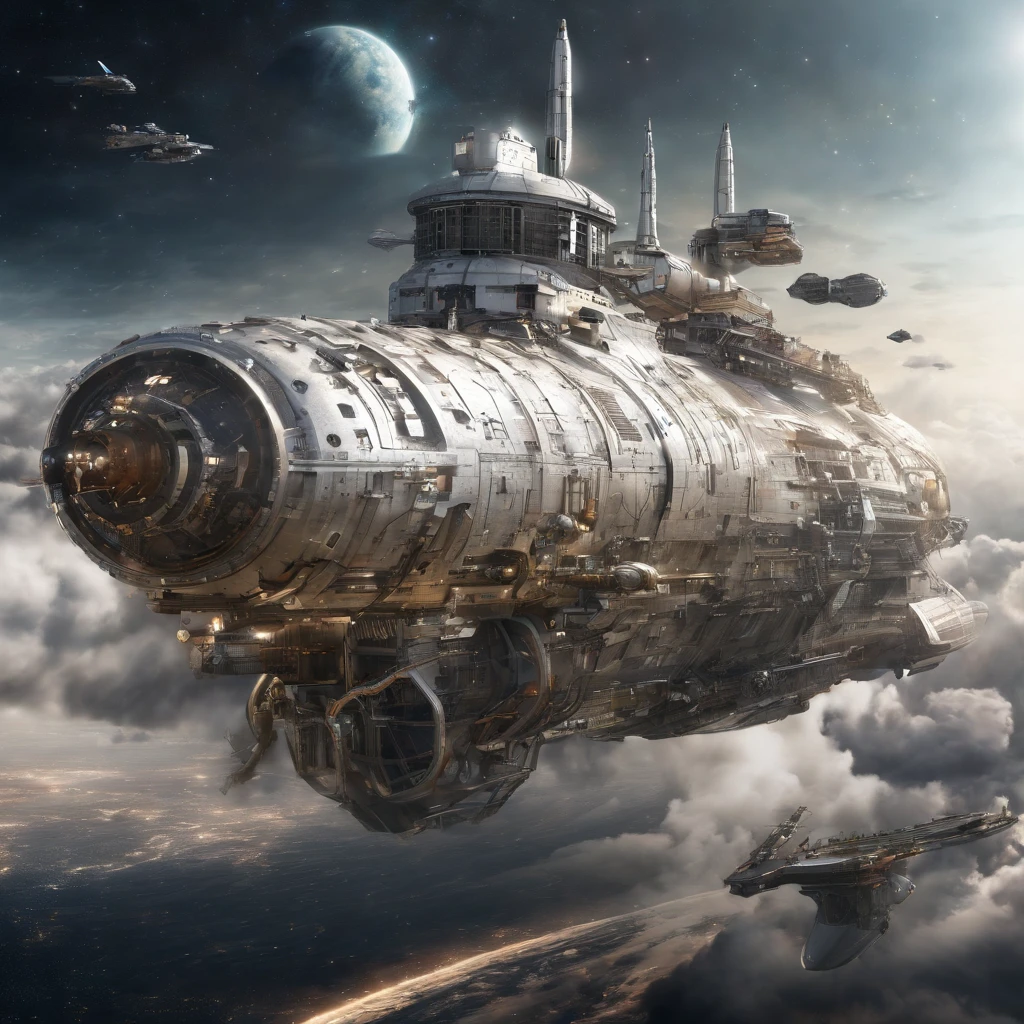 Condenes freighter spacecraft, 50 metros de comprometo, blindagem, ouro, branco, metal. futuristic warship background in futuristic shape flying through space