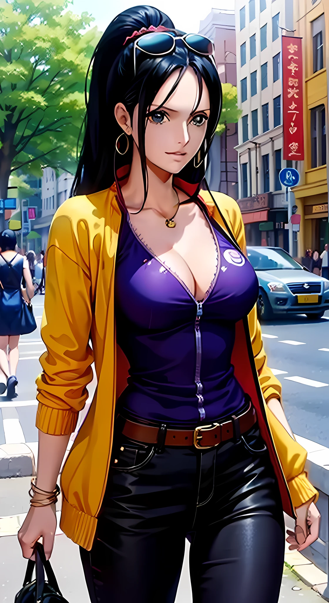 Nico Robin faz anime One Piece, tordo, cabelos pretos, Cabelos Longos, rabo-de-cavalo, Beautiful woman, Beautiful, muito lindo, corpo perfeito, peitos perfeitos, Standing, Using the watch, usando brincos, vestindo camisa social roxa, yellow cardigan, black trousers, usando uma bolsa, master part, couro texturizado, super detalhado, alto detalhamento, alta qualidade, best quality, 1080P, 16k, disco Rigido