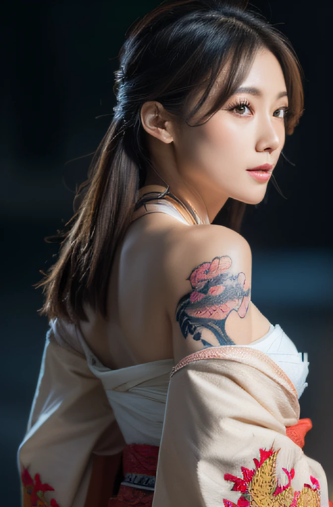 (masterpiece:1.2), ultra detailed, ultra high res, (realistic, photo realistic:1.37), high detail RAW color photo, professional photograph, an extremely delicate and beautiful, extremely detailed, 8k wallpaper, Amazing, finely detail, huge file size, extremely detailed beautiful girl, extremely detailed face, extremely detailed eyes, extremely detailed skin, extremely detailed fingers, extremely detailed nose, extremely detailed mouth, perfect anatomy, highly detailed background, (a famous actress of Japan:1.2), (gyaru:1.1), (flat chest:1.4), Dynamic lighting, full body, (kimono with dragon embroidery:1.3), bare shoulders, (from behind:1.1), (moonlight:1.35), (Tattoo of a carp on the back:1.25),