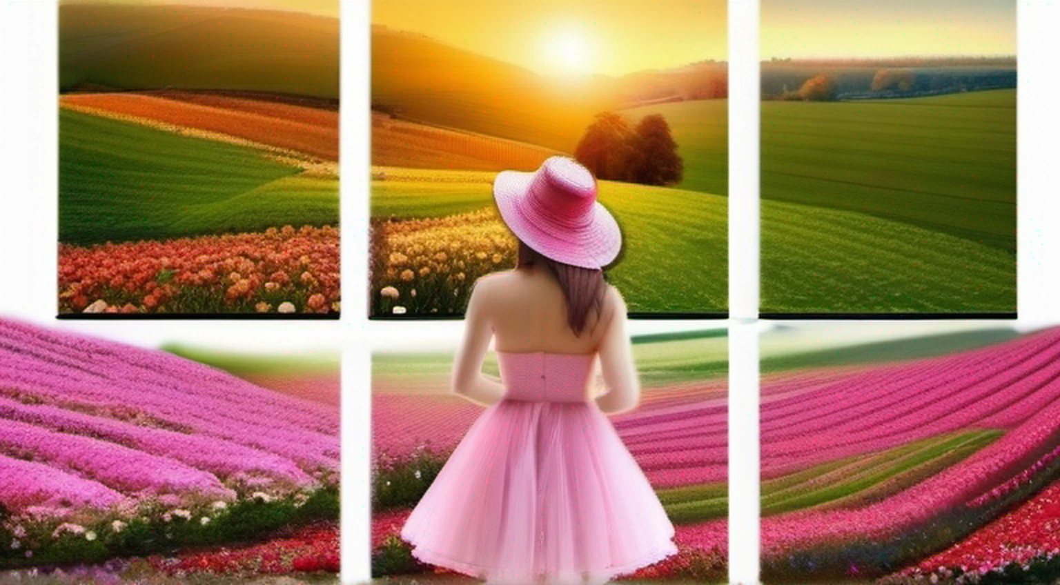 There is a beautiful woman standing in a field of cherry trees with a sun hat and wearing a pink halter dress, longos cabelos castanhos ondulados, wearing sunglasses, alto e magro, Beautiful, sorriso sutil, Standing in the field of cherry trees, standing in a flower field, Woman standing in cherry field, girl standing in a flower field, standing in a field with flowers, menina em um campo de flores, com campos de flores em primeiro plano, em um campo de flores, campos de flores, girl standing in flower field