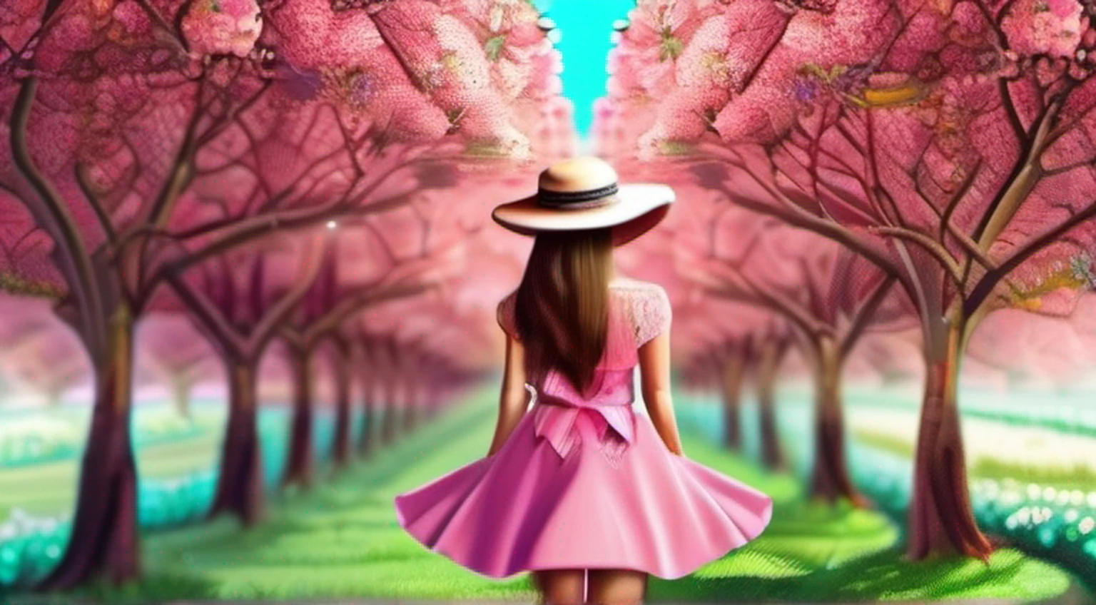 There is a beautiful woman standing in a field of cherry trees with a sun hat and wearing a pink halter dress, longos cabelos castanhos ondulados, wearing sunglasses, alto e magro, Beautiful, sorriso sutil, Standing in the field of cherry trees, standing in a flower field, Woman standing in cherry field, girl standing in a flower field, standing in a field with flowers, menina em um campo de flores, com campos de flores em primeiro plano, em um campo de flores, campos de flores, girl standing in flower field