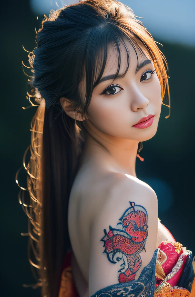 In front of the camera, (Best Quality,4k,High resolution,masterpiece:1.2),ultra detailed,(realist,pHotorealist,pHoto-realist:1.37),Portraits,sexy asian woman, made up, dark red painted mouth, black lined eyes, beautiful and detailed face, very big breasts, vagina without fleece, (20 years),(incredibly detailed,long dark hair),(athletic,tiny Naked, Hot, erotic, NSFW ,big butt),(elegant,elegant hairstyle),( Chinese letters tattooed on his back),(artistic fountain),(return to viewer)