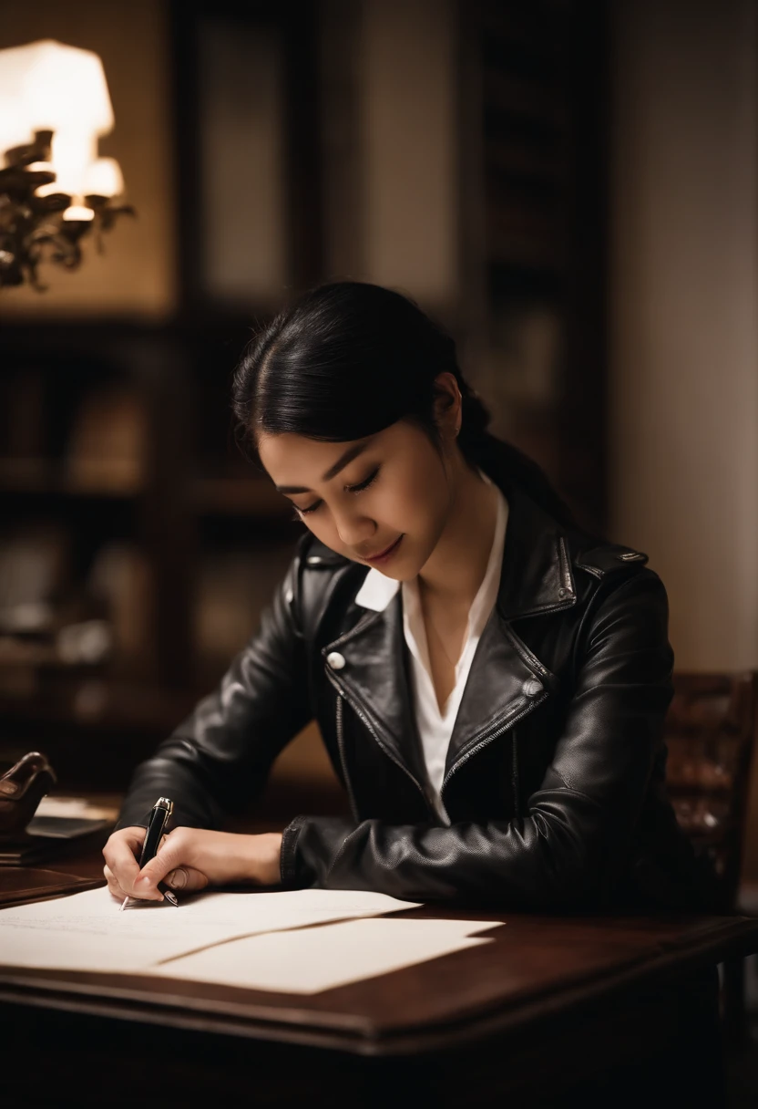 Wearing black leather gloves in both hands, upper body, black leather rider jacket, facing the desk in the study, looking down and smiling, writing a letter using a fountain pen, black hair, long straight, young Japanese woman