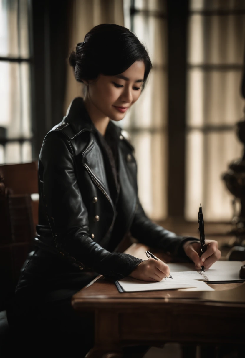 Wearing black leather gloves in both hands, upper body, black leather rider jacket, facing the desk in the study, looking down and smiling, writing a letter using a fountain pen, black hair, long straight, young Japanese woman