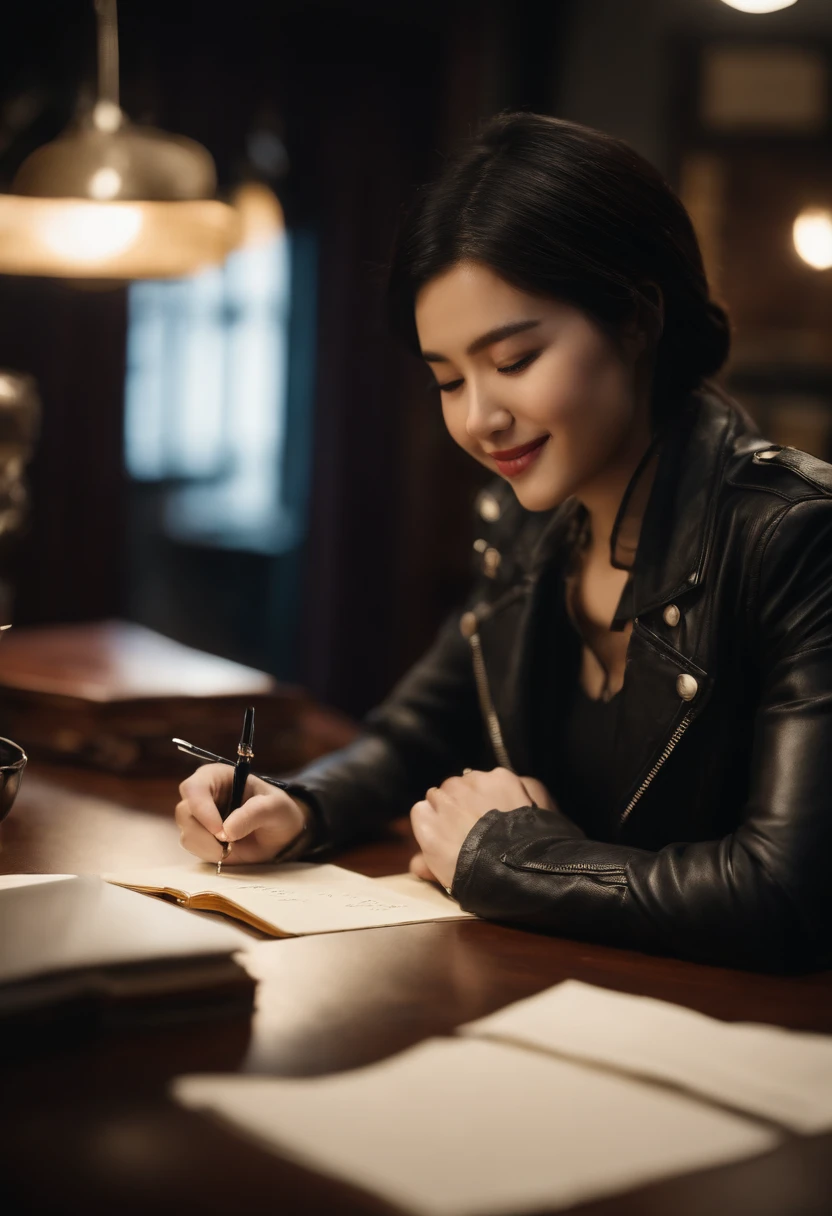 Wearing black leather gloves in both hands, upper body, black leather rider jacket, facing the desk in the study, looking down and smiling, writing a letter using a fountain pen, black hair, long straight, young Japanese woman