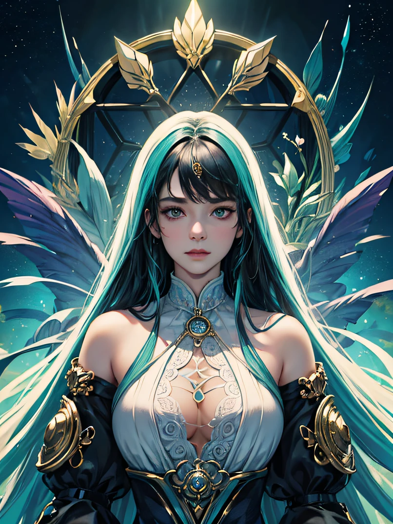 (((​masterpiece)))、(((top-quality)))、((ultra-detailliert))、highly detailed CGillustration、((extremely delicate and beautiful))、Official art、portrait of a beautiful woman、4/5 shots、Cinematic Light、Exquisite beauty and captivating aesthetics、Convincing characters、Visually appealing environment、ighly detailed、Graceful and seductive figure、Graceful aura、enchanting eyes with bright colors and delicate shading,、Complex facial features、Elaborate patterns that blend fantasy and contemporary fashion、Flowing fabric、Clothes with rich texture design、Breathtaking natural landscapes、Bustling futuristic cityscape、Mystical realm filled with magical elements、vivd colour、Dynamic lighting、Detailed background elements、Depth and immersion、Unique lighting effects、Creative drawing techniques、Unconventional color palette、camera: Character beauty、Depth and mood、intricate detailes