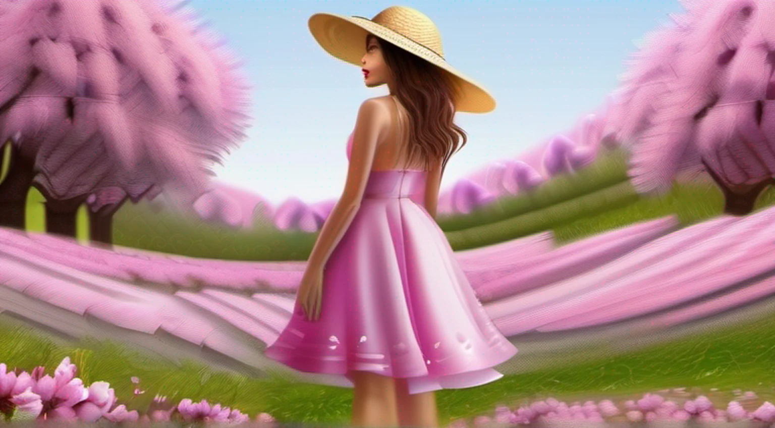 There is a beautiful woman standing in a field of cherry trees with a sun hat and wearing a pink halter dress, longos cabelos castanhos ondulados, wearing sunglasses, alto e magro, Beautiful, sorriso sutil, Standing in the field of cherry trees, standing in a flower field, Woman standing in cherry field, girl standing in a flower field, standing in a field with flowers, menina em um campo de flores, com campos de flores em primeiro plano, em um campo de flores, campos de flores, girl standing in flower field