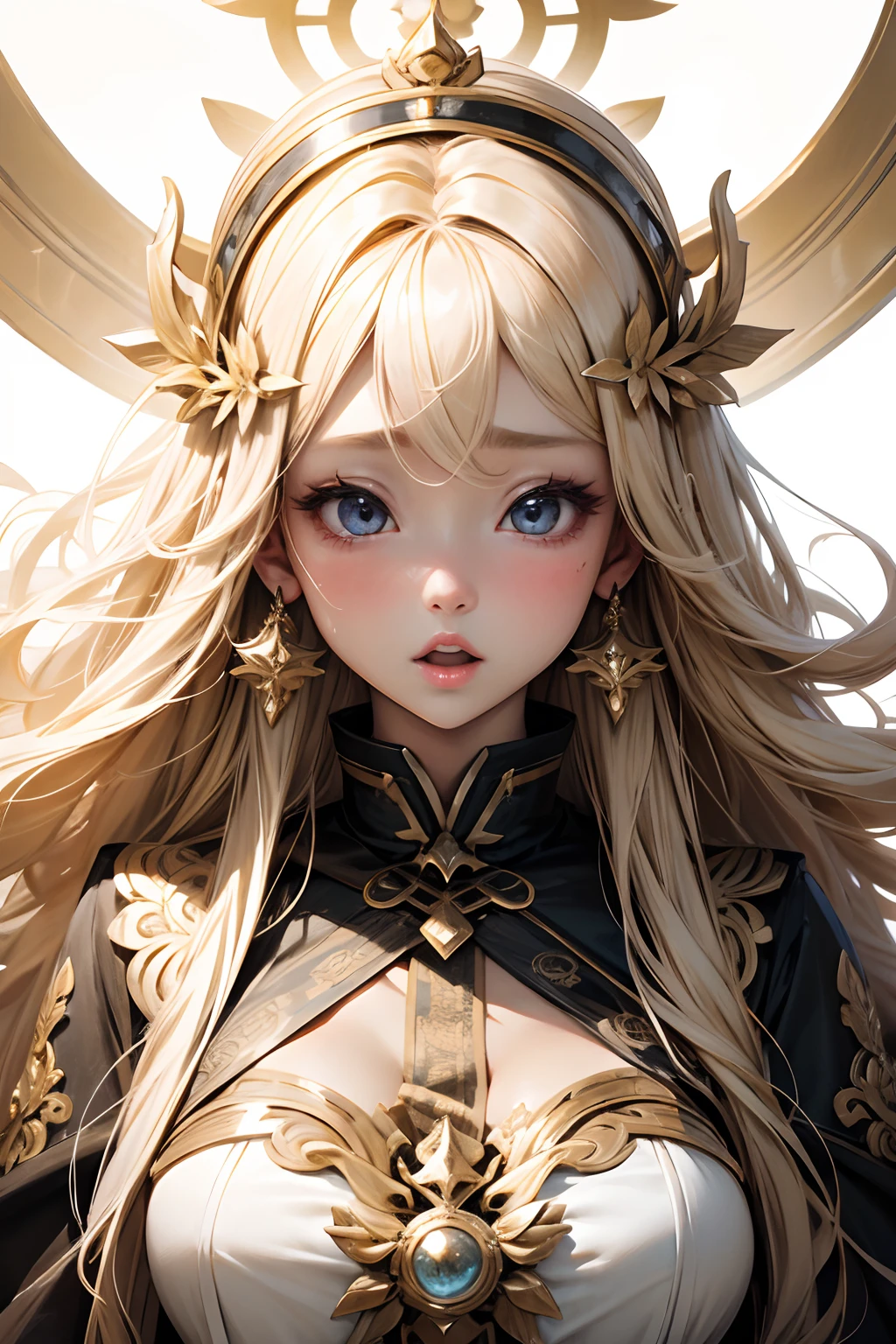 realistic photo, masterpiece, highest quality, high quality, cute, (detailed face and eyes:1.1), (freckles:0.8), gold choker, intricate Egyptian gold and black armor, white cloak, hieroglyphics, by Jeremy Lipking, by Antonio J Manzanedo, short black hair with gold highlights, messy hair, (gold eyes), royal, midriff, navel, dusk lighting, small breasts, thighs, hands behind head, desert background